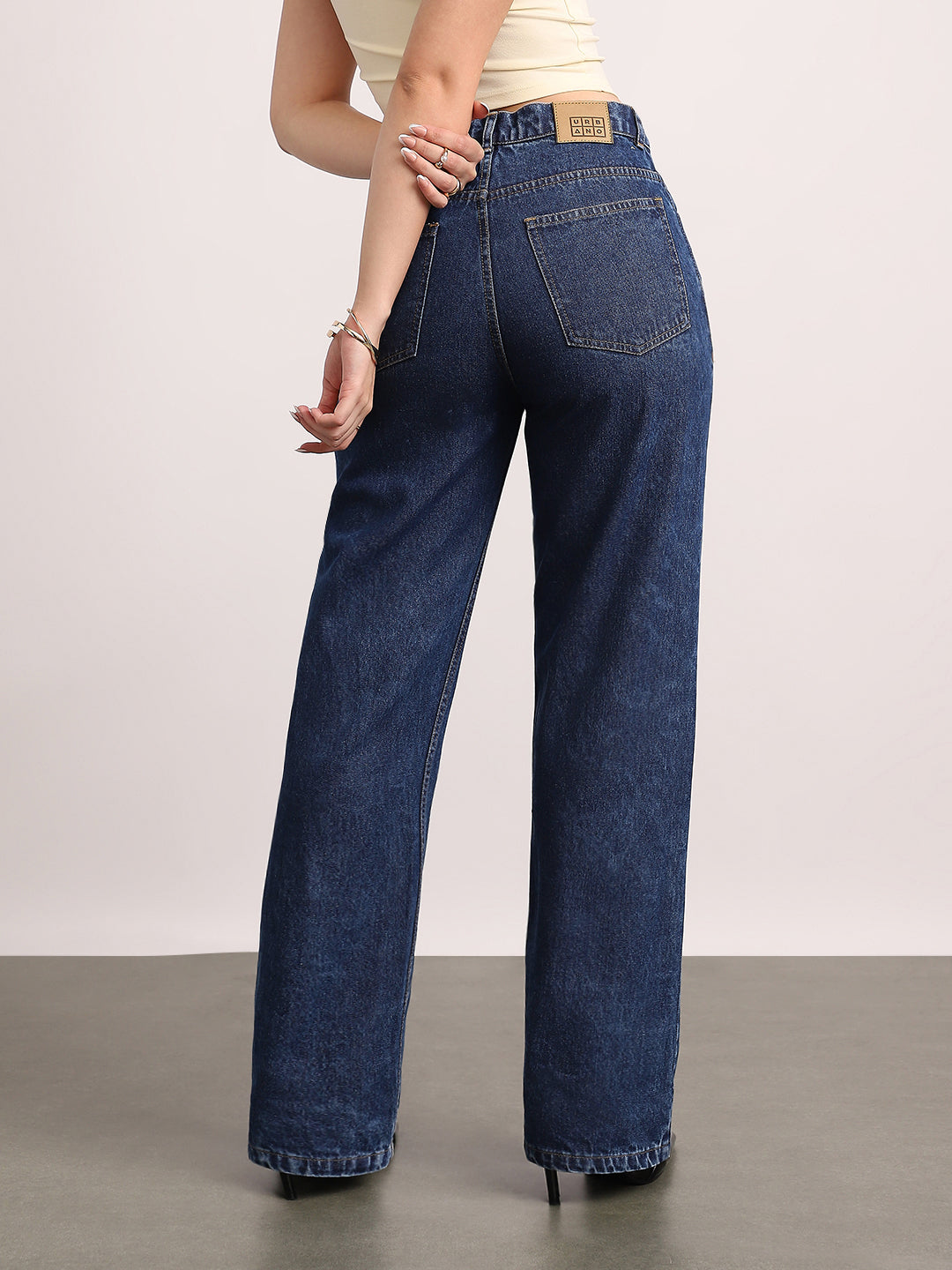 Women's Dark Blue High Rise Straight Fit Washed Jeans Non-Stretchable
