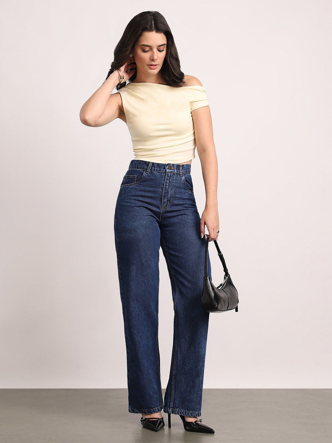 Women's Dark Blue High Rise Straight Fit Washed Jeans Non-Stretchable
