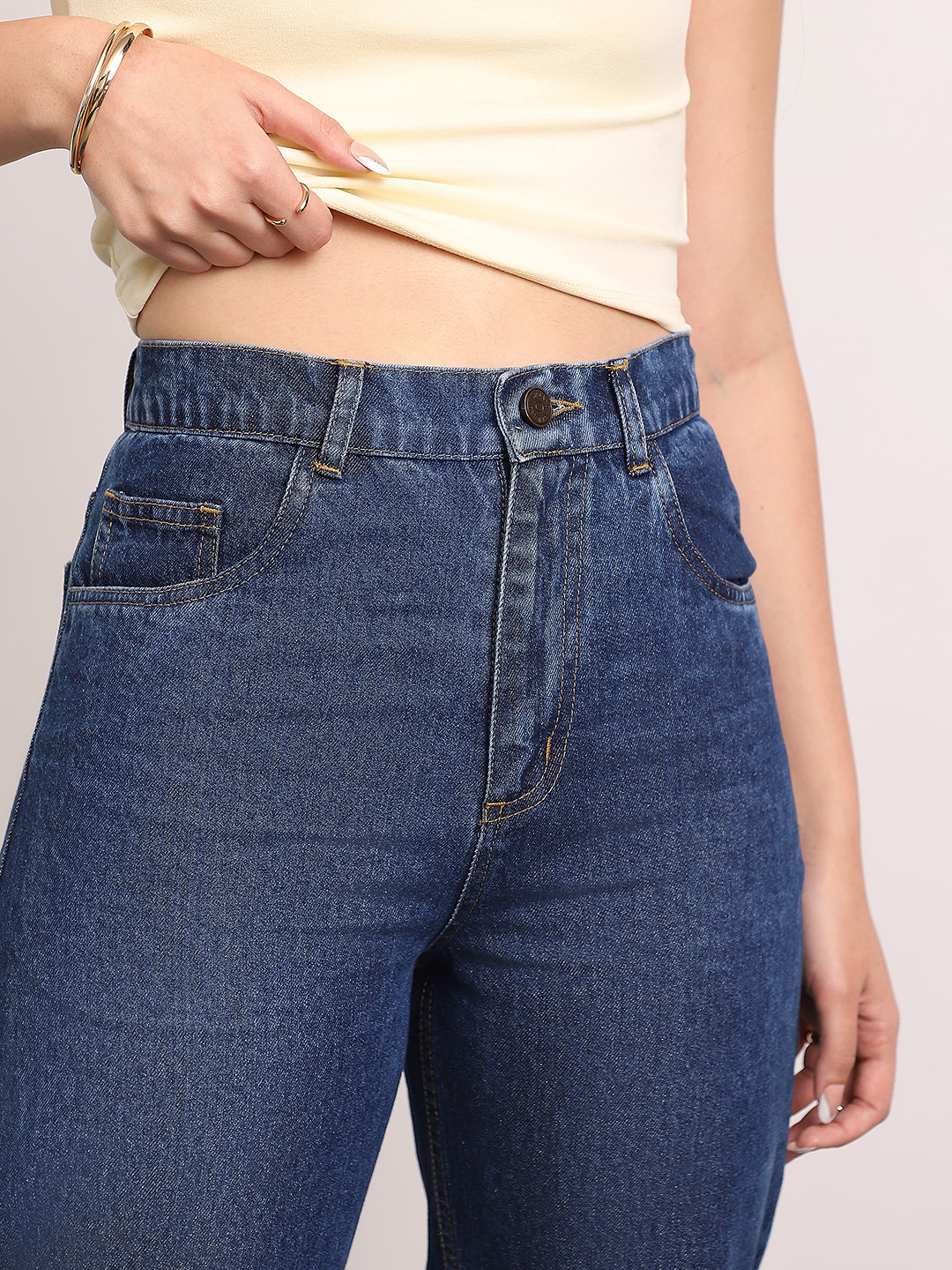 Women's Dark Blue High Rise Straight Fit Washed Jeans Non-Stretchable