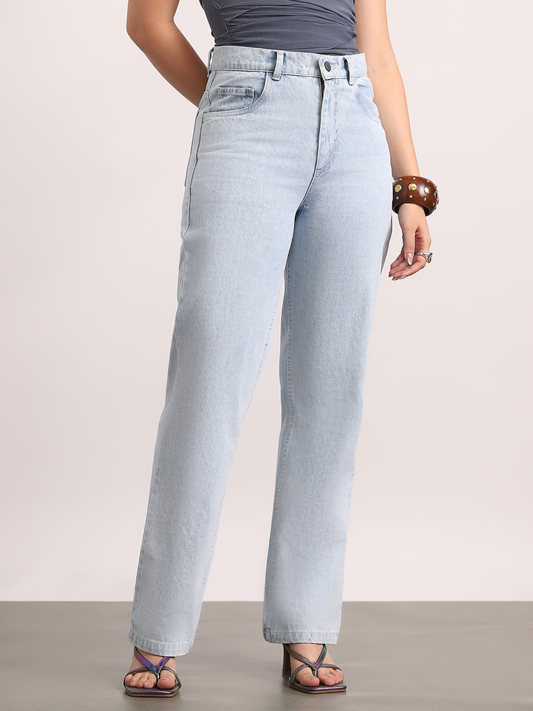 Women's Ice Blue High Rise Straight Fit Washed Jeans Non-Stretchable