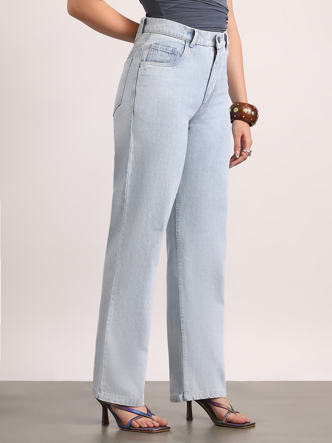 Women's Ice Blue High Rise Straight Fit Washed Jeans Non-Stretchable