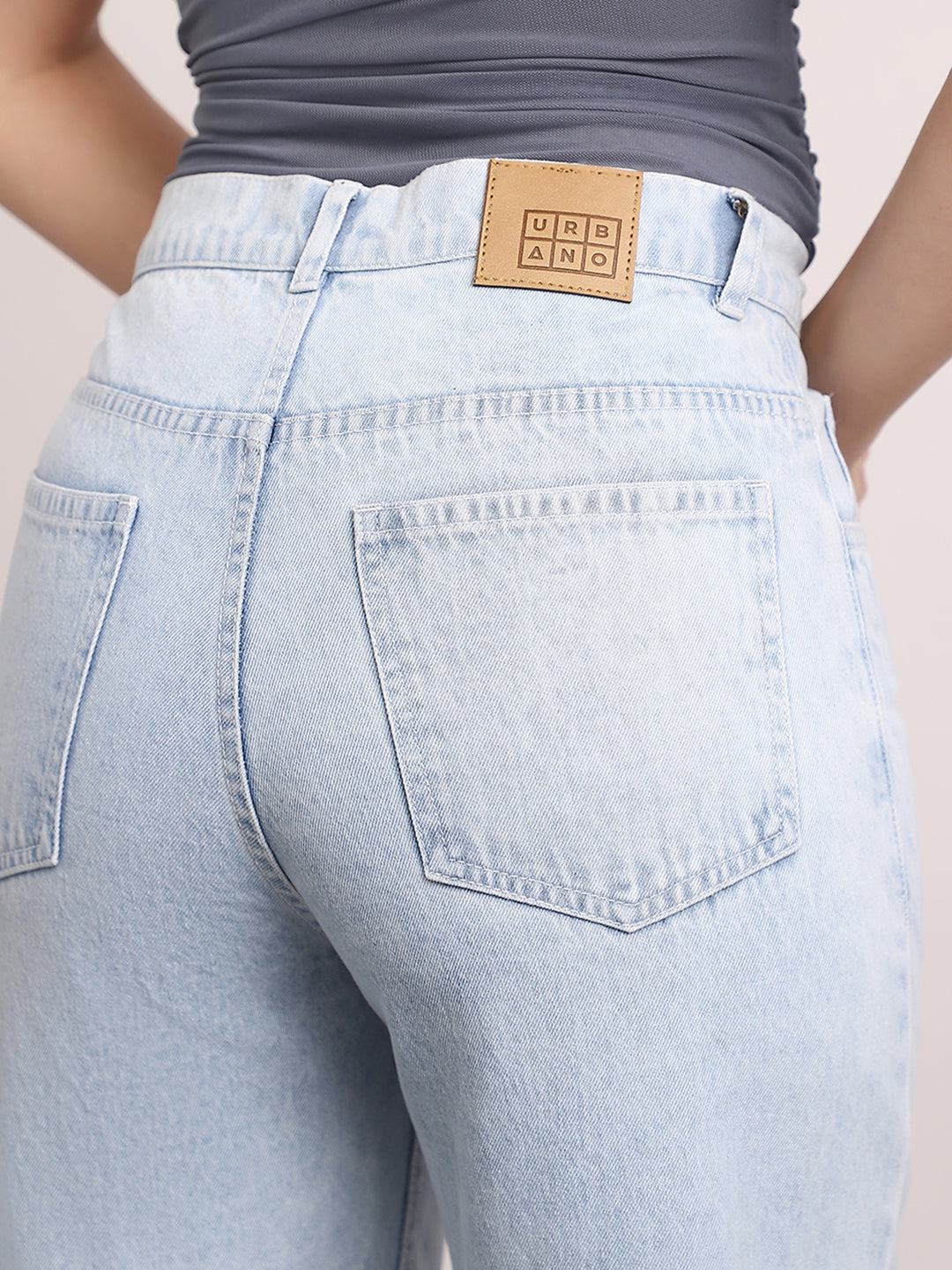 Women's Ice Blue High Rise Straight Fit Washed Jeans Non-Stretchable
