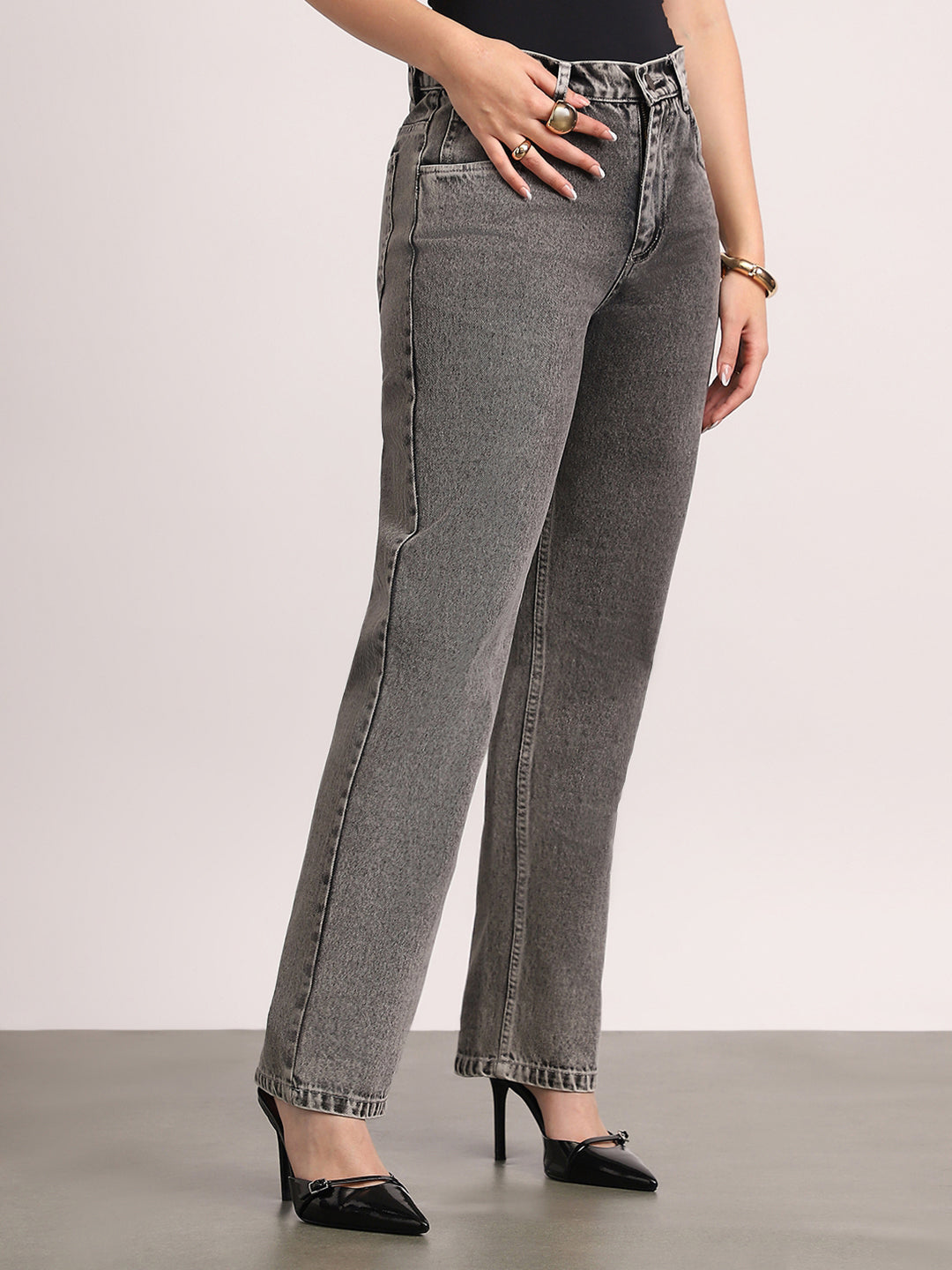 Women's Ice Grey High Rise Straight Fit Washed Jeans Non-Stretchable