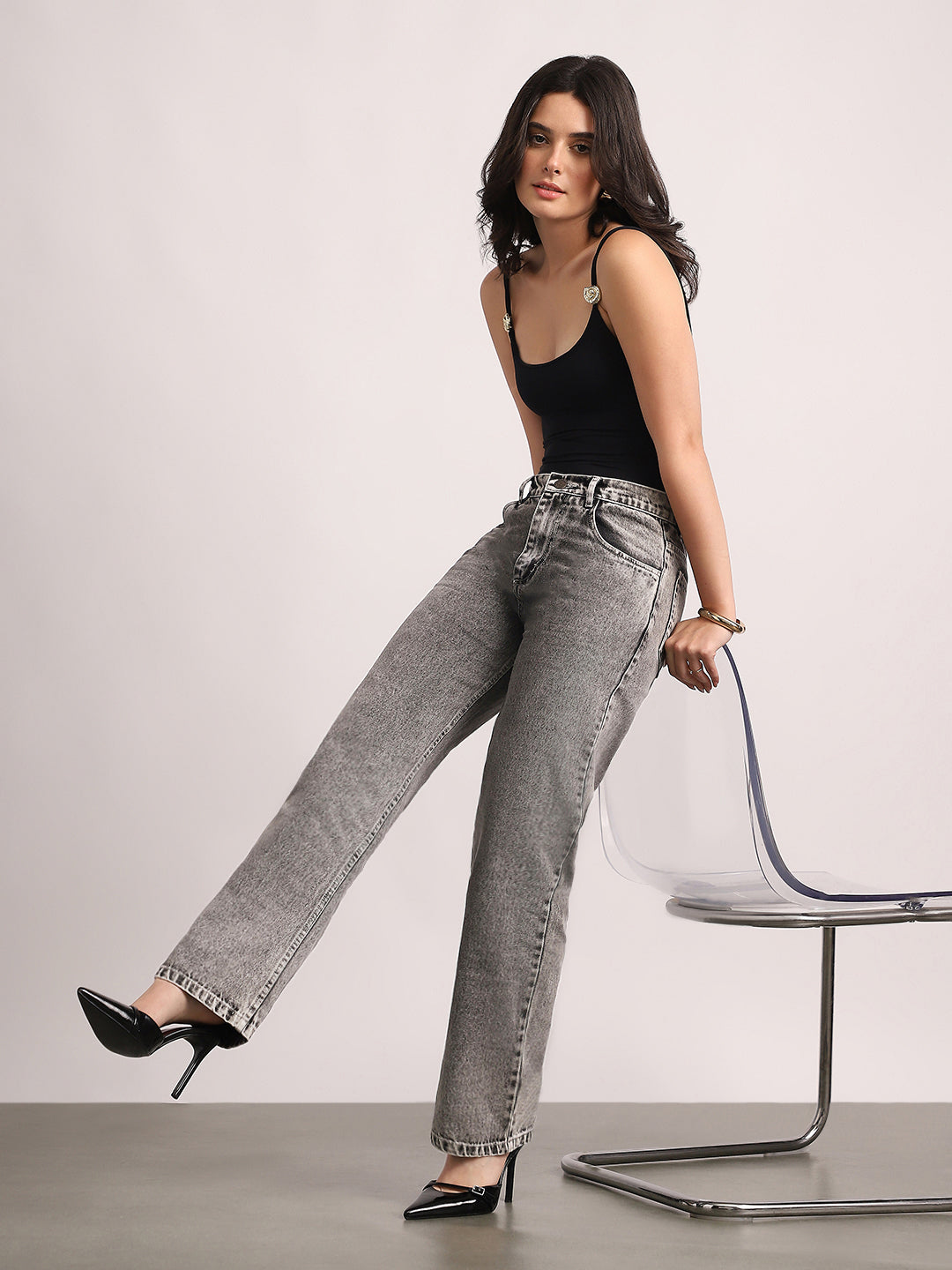 Women's Ice Grey High Rise Straight Fit Washed Jeans Non-Stretchable