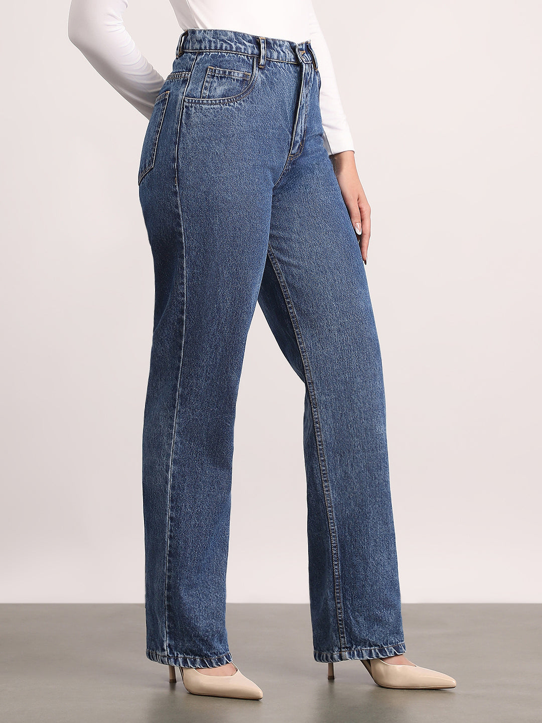 Women's Blue High Rise Straight Fit Washed Jeans Non-Stretchable