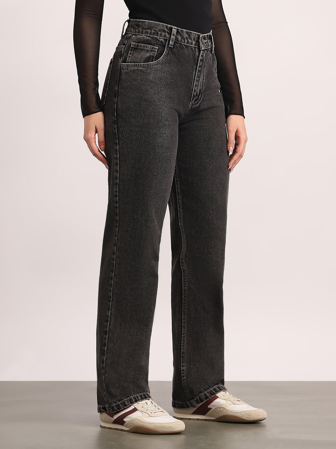 Women's Grey High Rise Straight Fit Washed Jeans Non-Stretchable