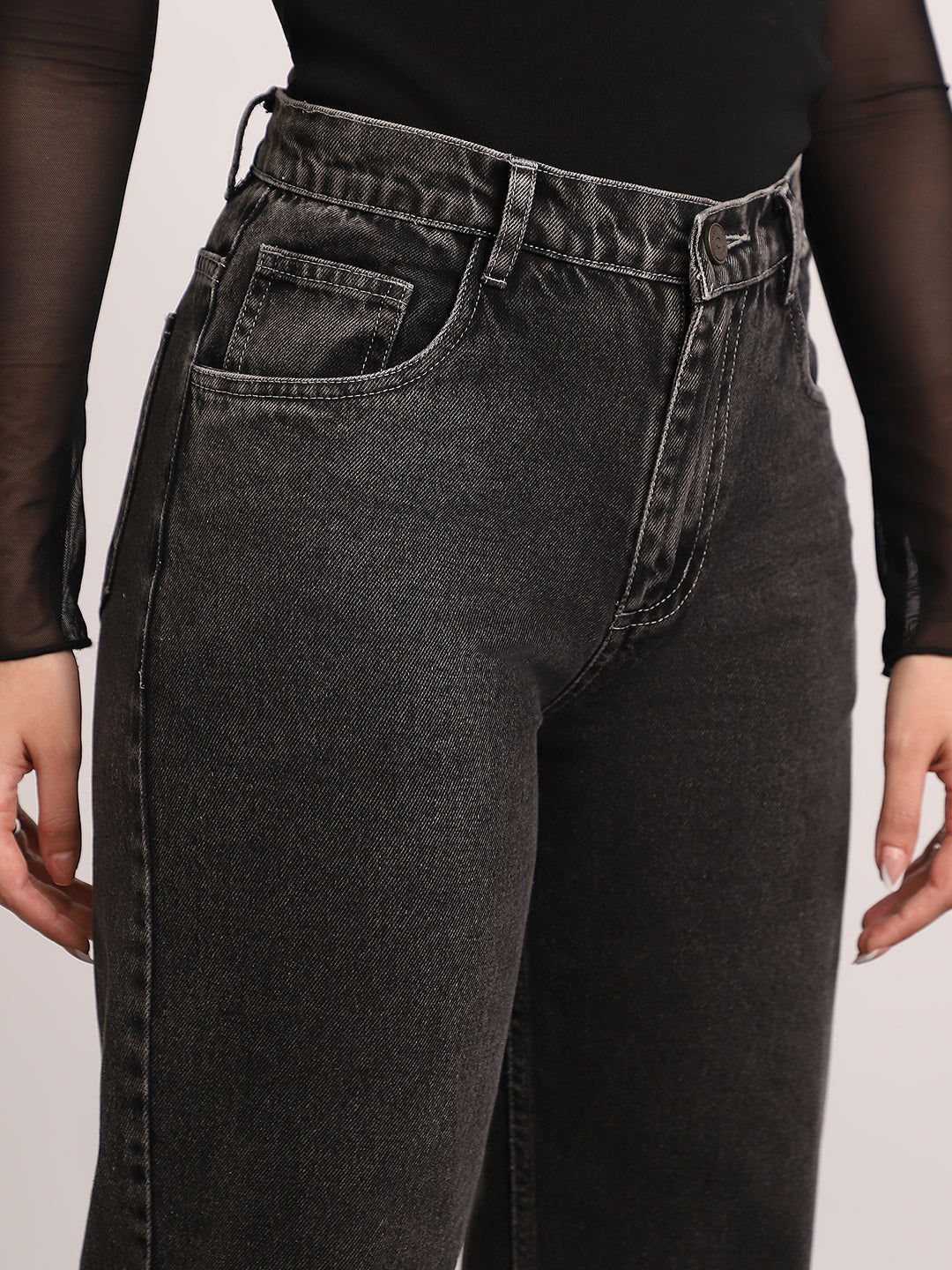 Women's Grey High Rise Straight Fit Washed Jeans Non-Stretchable