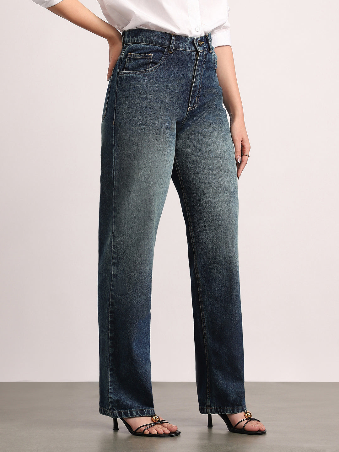 Women's Dark Blue High Rise Straight Fit Washed Jeans Non-Stretchable
