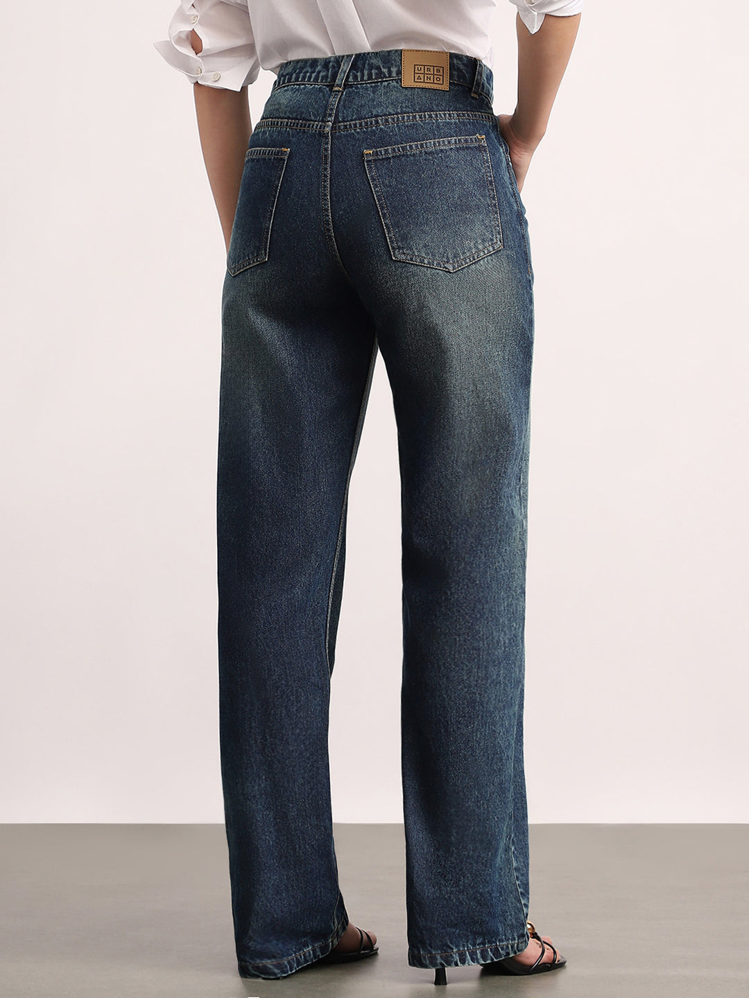 Women's Dark Blue High Rise Straight Fit Washed Jeans Non-Stretchable