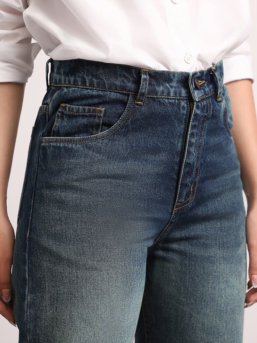Women's Dark Blue High Rise Straight Fit Washed Jeans Non-Stretchable