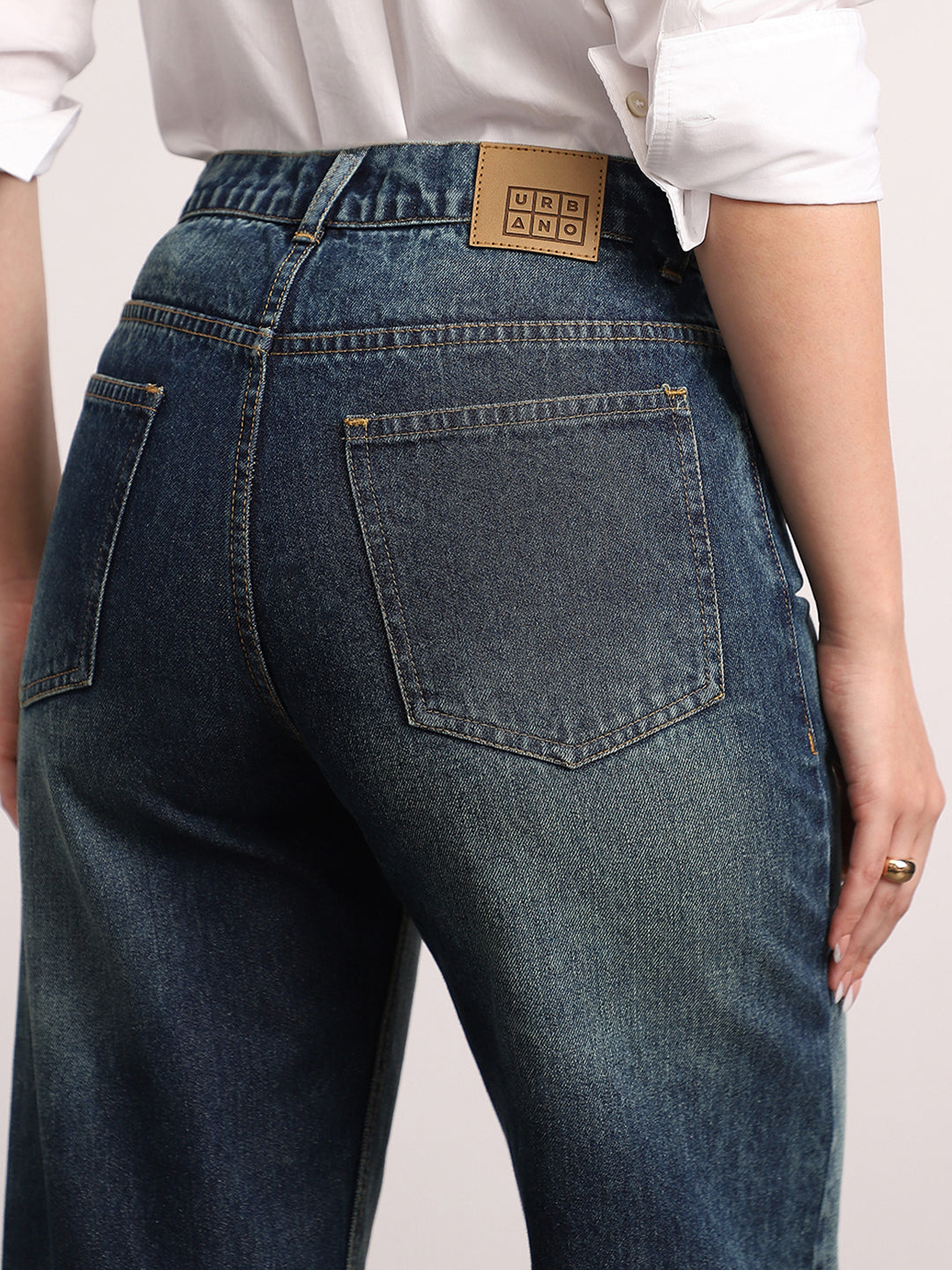 Women's Dark Blue High Rise Straight Fit Washed Jeans Non-Stretchable