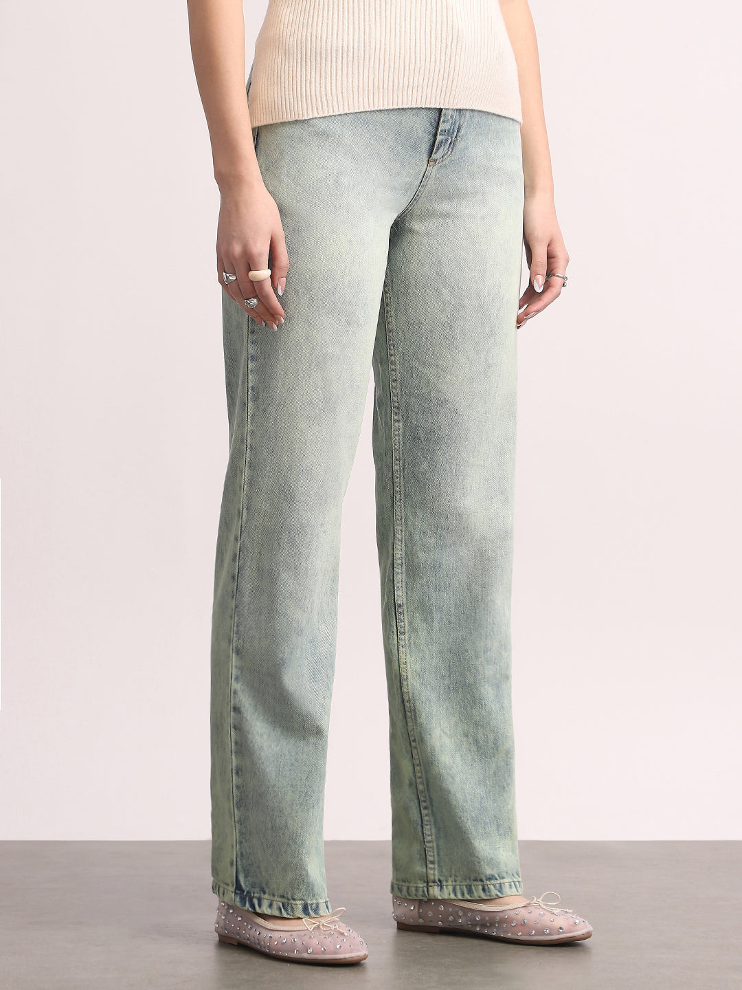 Women's Ice Blue High Rise Straight Fit Washed Jeans Non-Stretchable