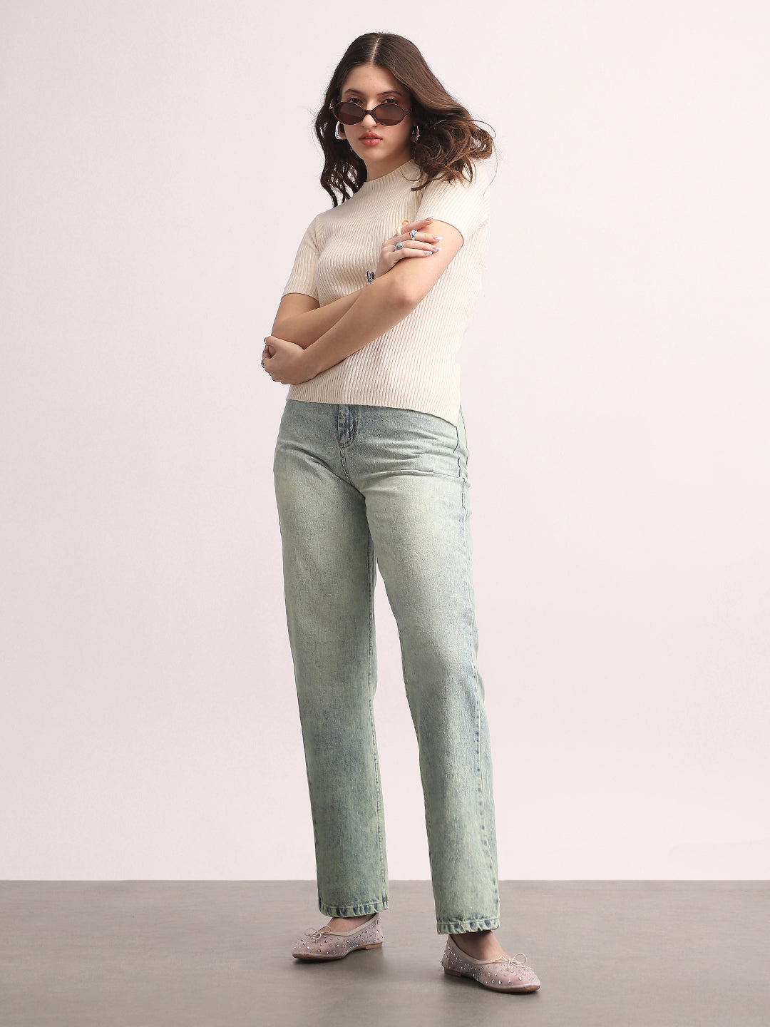 Women's Ice Blue High Rise Straight Fit Washed Jeans Non-Stretchable