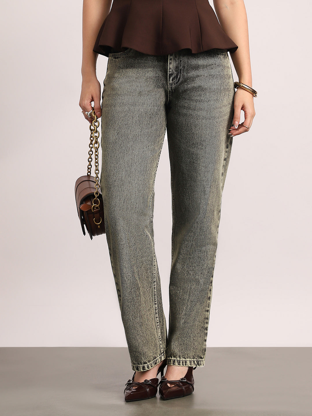 Women's Ice Grey High Rise Straight Fit Washed Jeans Non-Stretchable