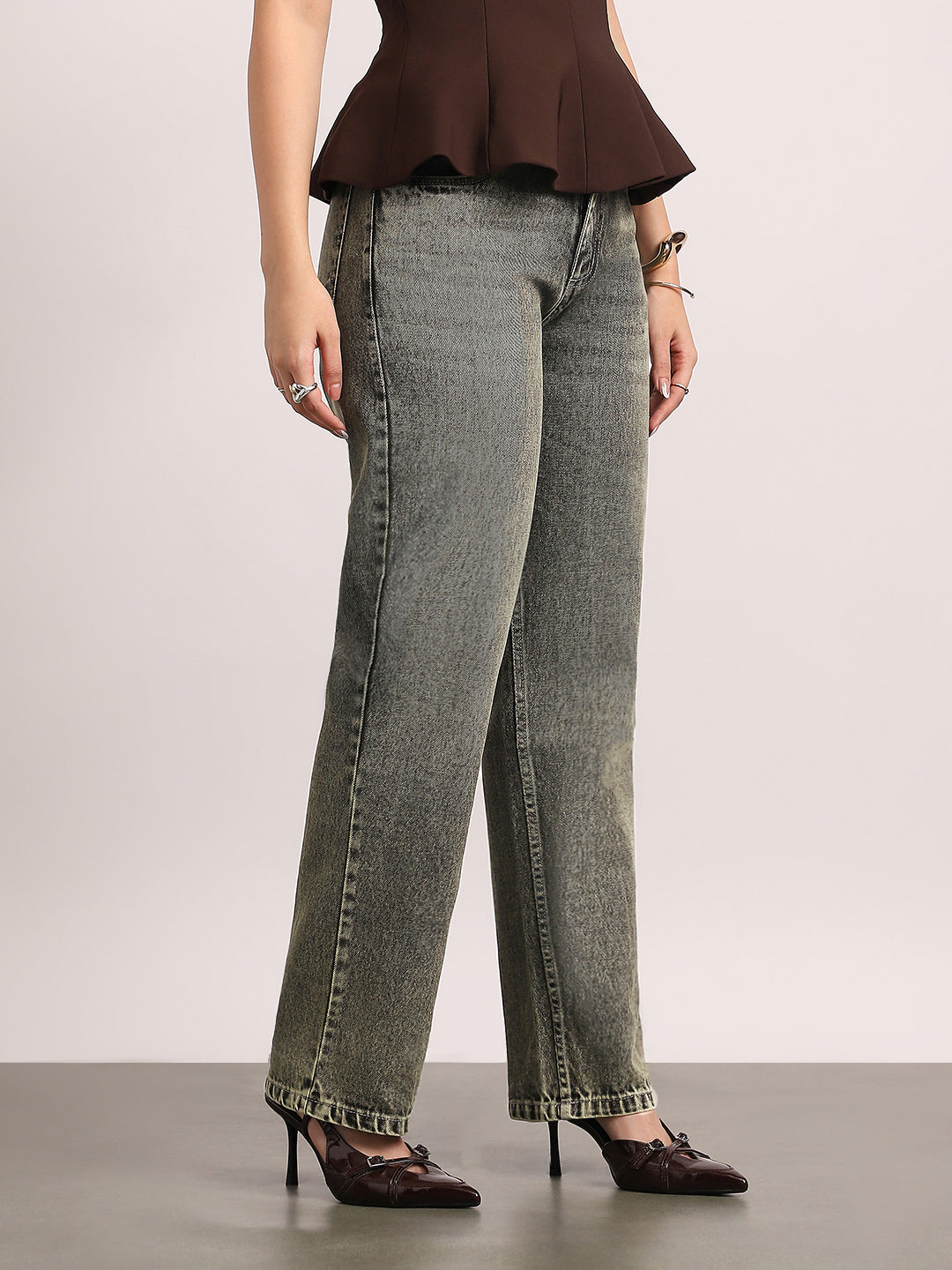 Women's Ice Grey High Rise Straight Fit Washed Jeans Non-Stretchable