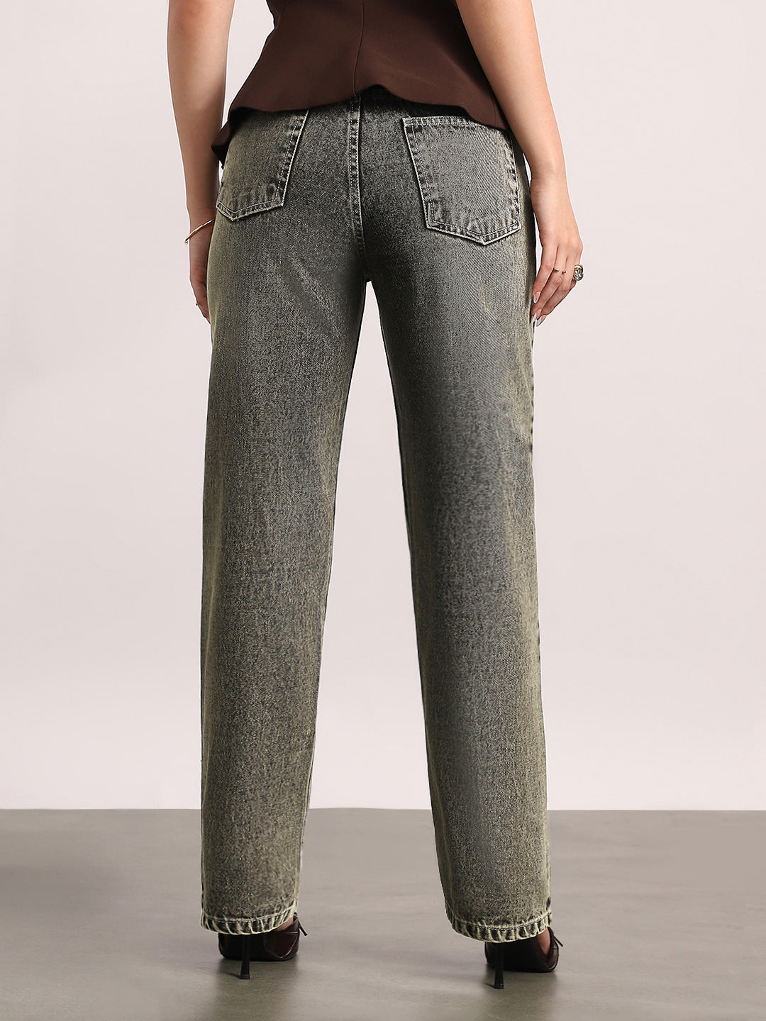 Women's Ice Grey High Rise Straight Fit Washed Jeans Non-Stretchable