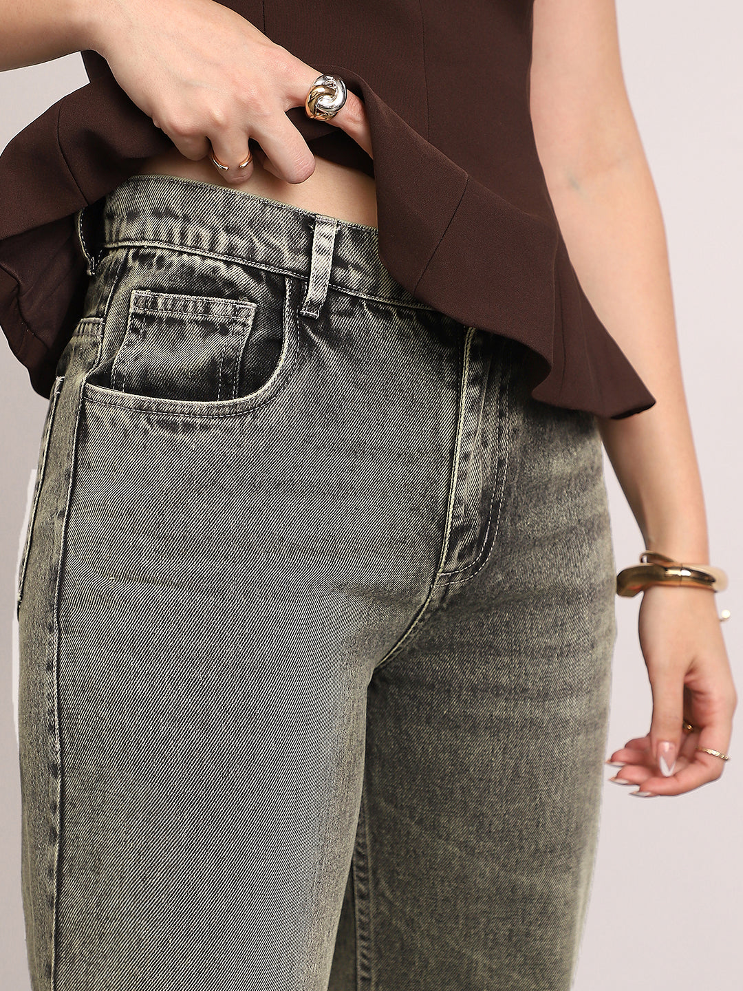 Women's Ice Grey High Rise Straight Fit Washed Jeans Non-Stretchable