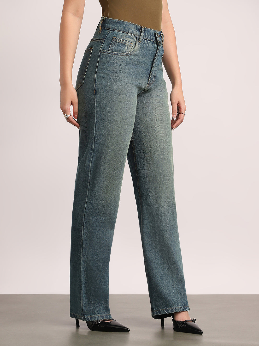 Women's Light Blue High Rise Straight Fit Washed Jeans Non-Stretchable