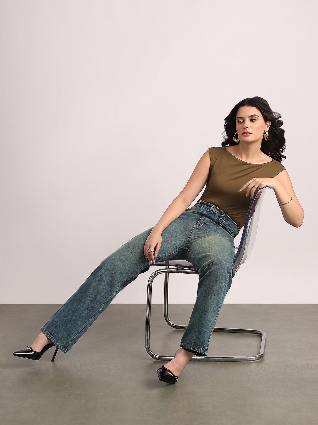 Women's Light Blue High Rise Straight Fit Washed Jeans Non-Stretchable