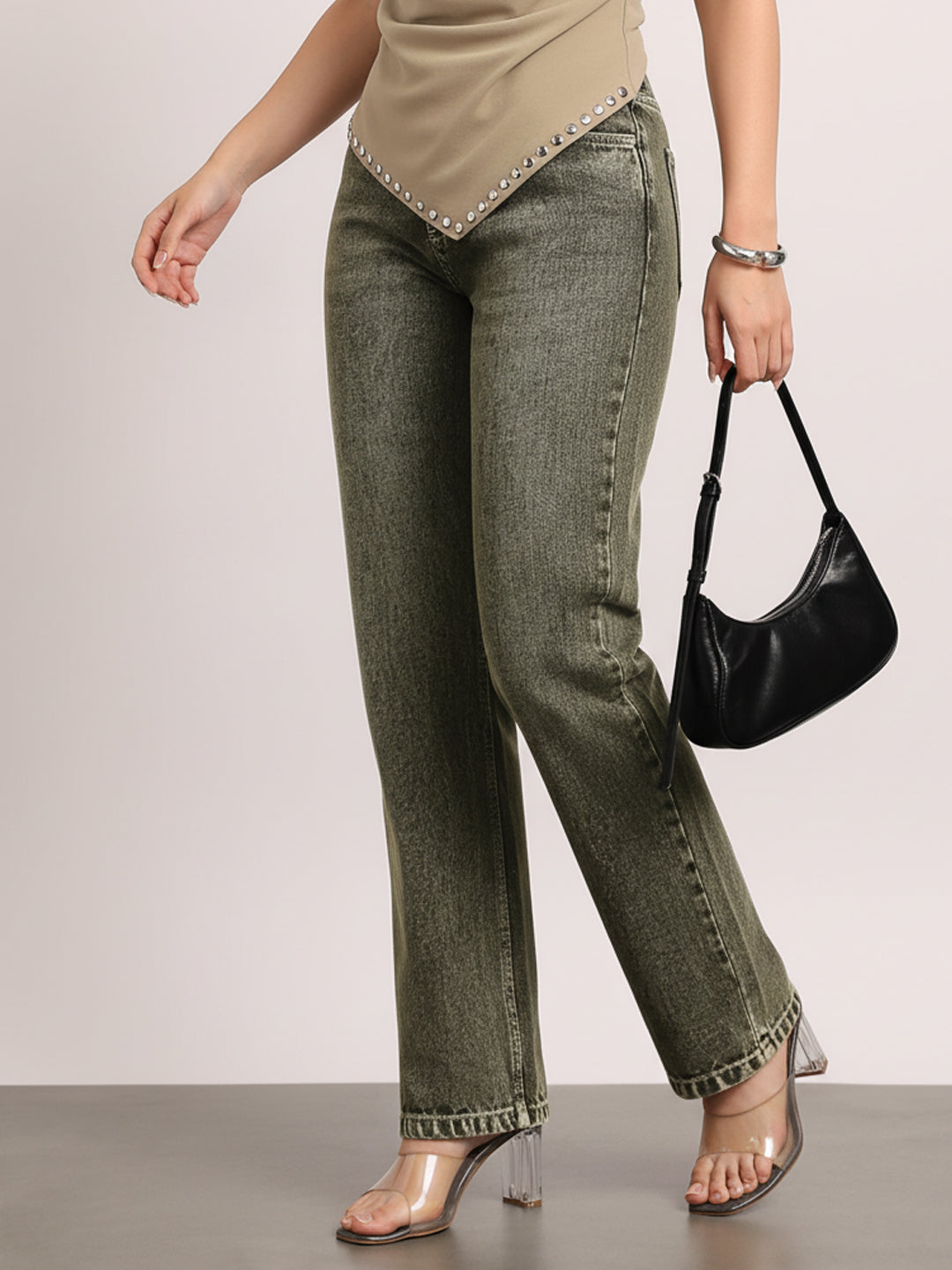 Women's Light Grey High Rise Straight Fit Washed Jeans Non-Stretchable