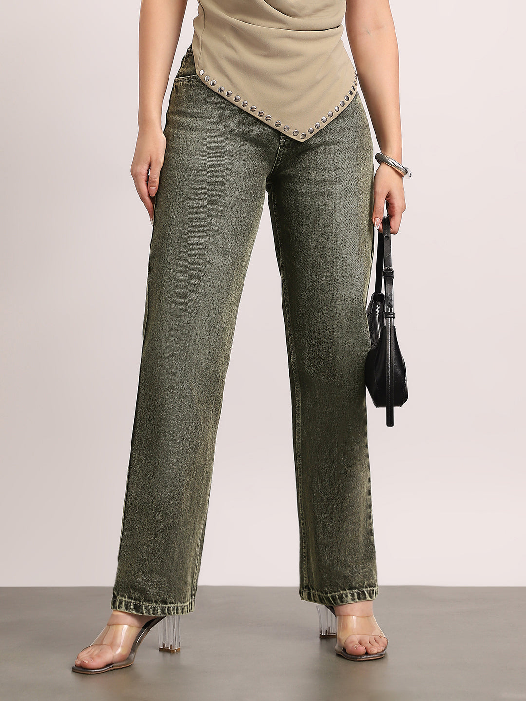 Women's Light Grey High Rise Straight Fit Washed Jeans Non-Stretchable