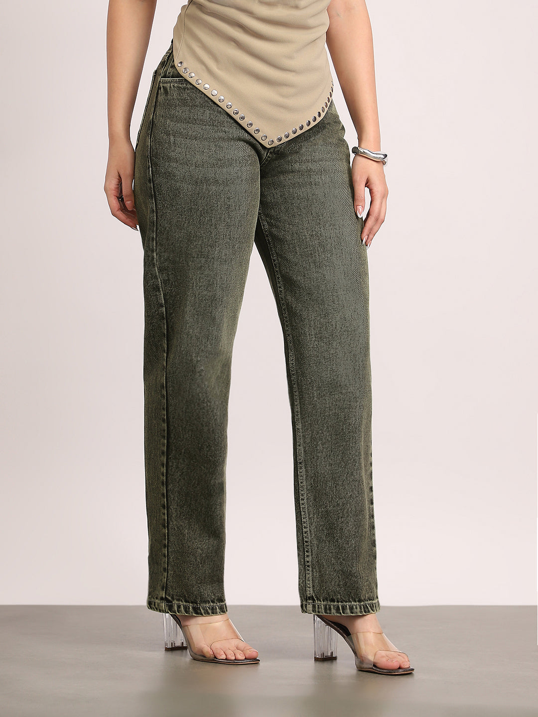 Women's Light Grey High Rise Straight Fit Washed Jeans Non-Stretchable