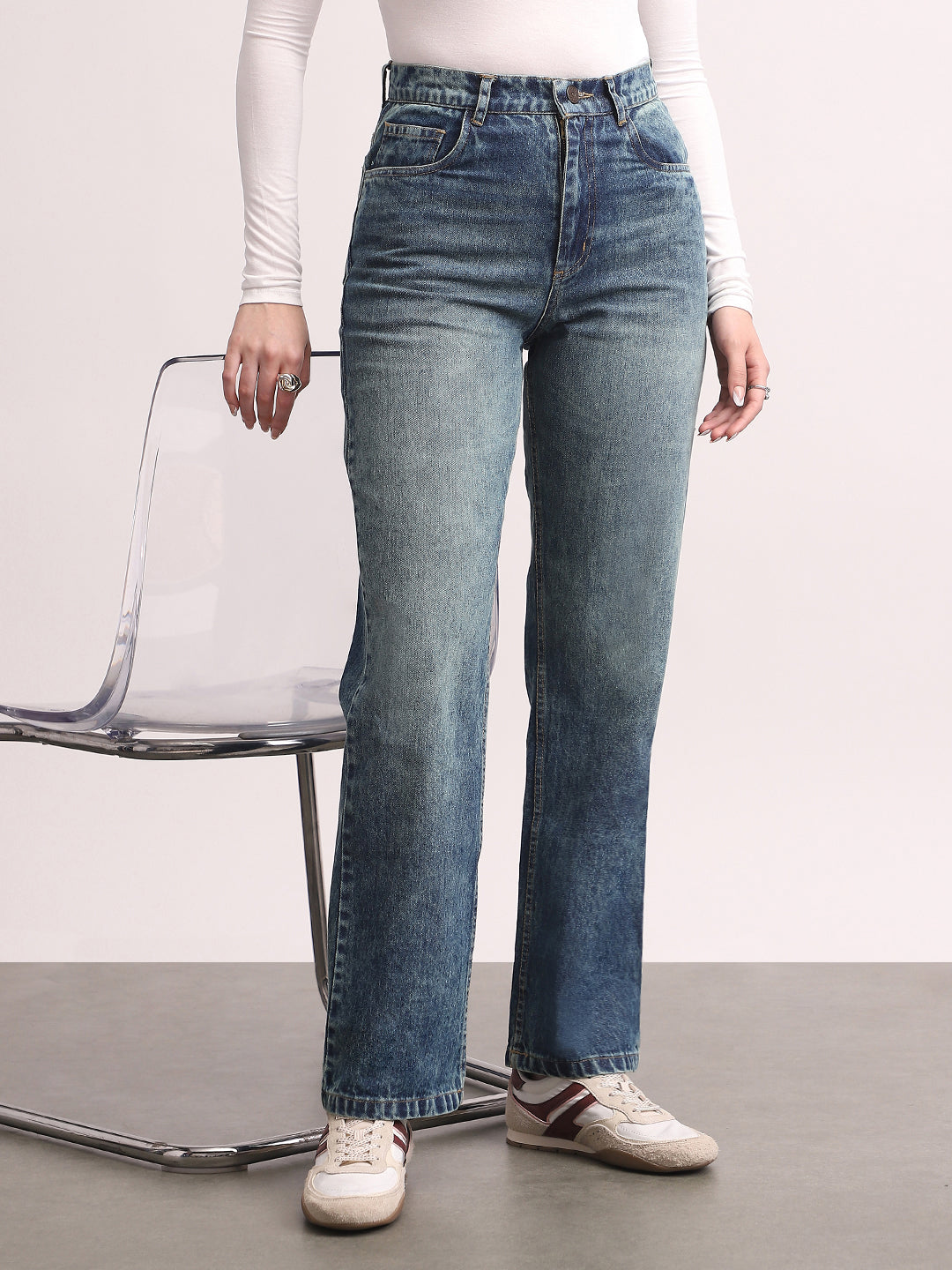 Women's Blue High Rise Straight Fit Washed Jeans Non-Stretchable