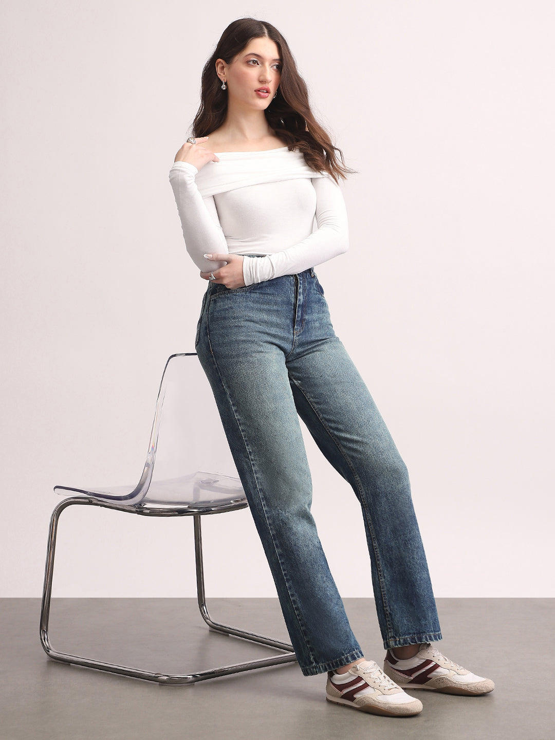 Women's Blue High Rise Straight Fit Washed Jeans Non-Stretchable