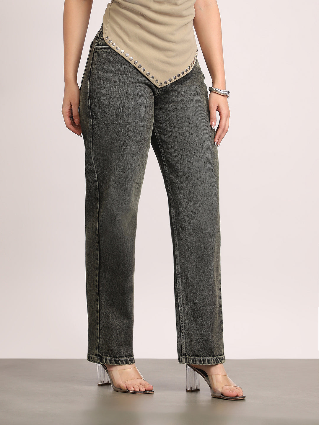 Women's Grey High Rise Straight Fit Washed Jeans Non-Stretchable