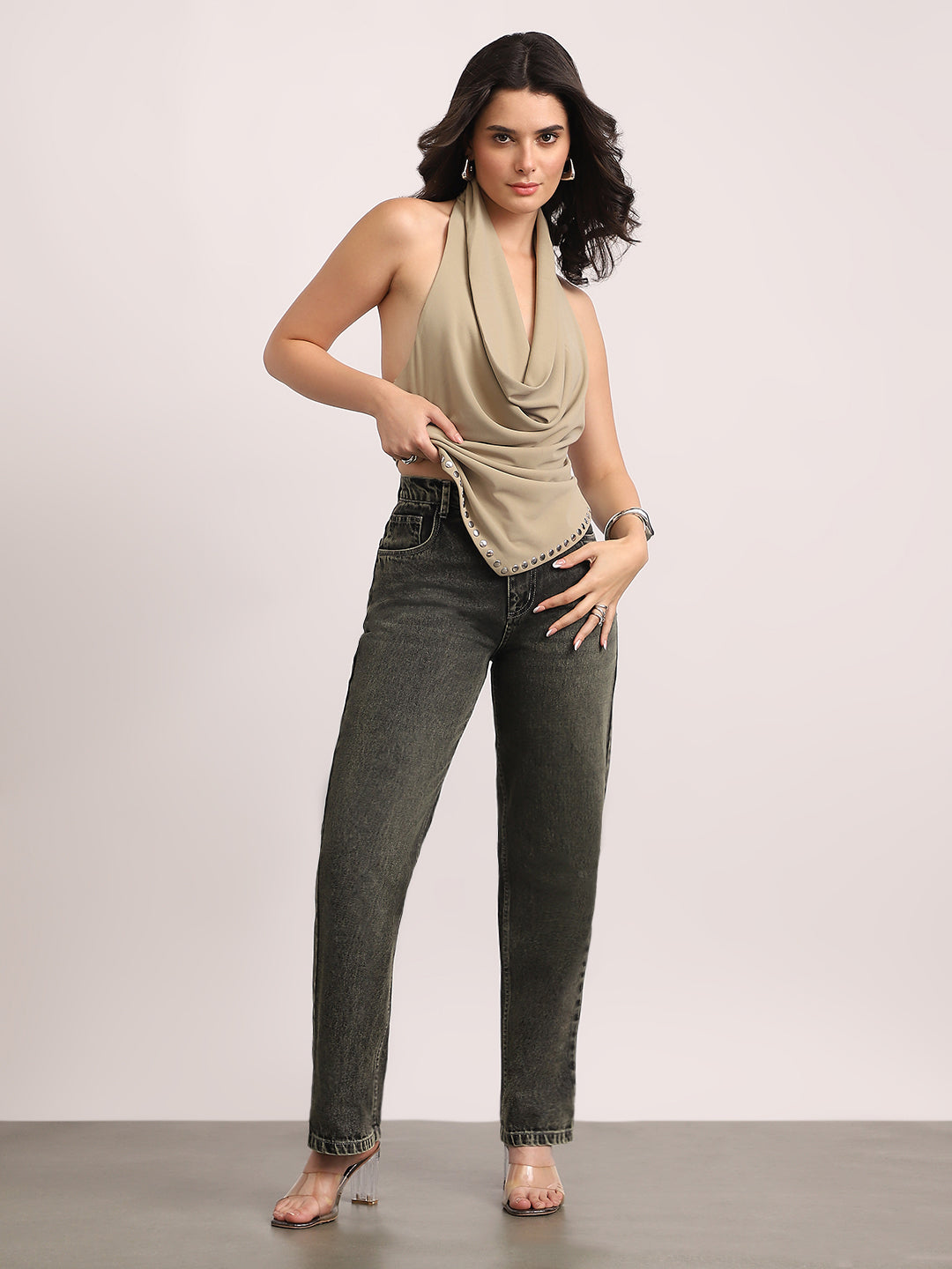 Women's Grey High Rise Straight Fit Washed Jeans Non-Stretchable