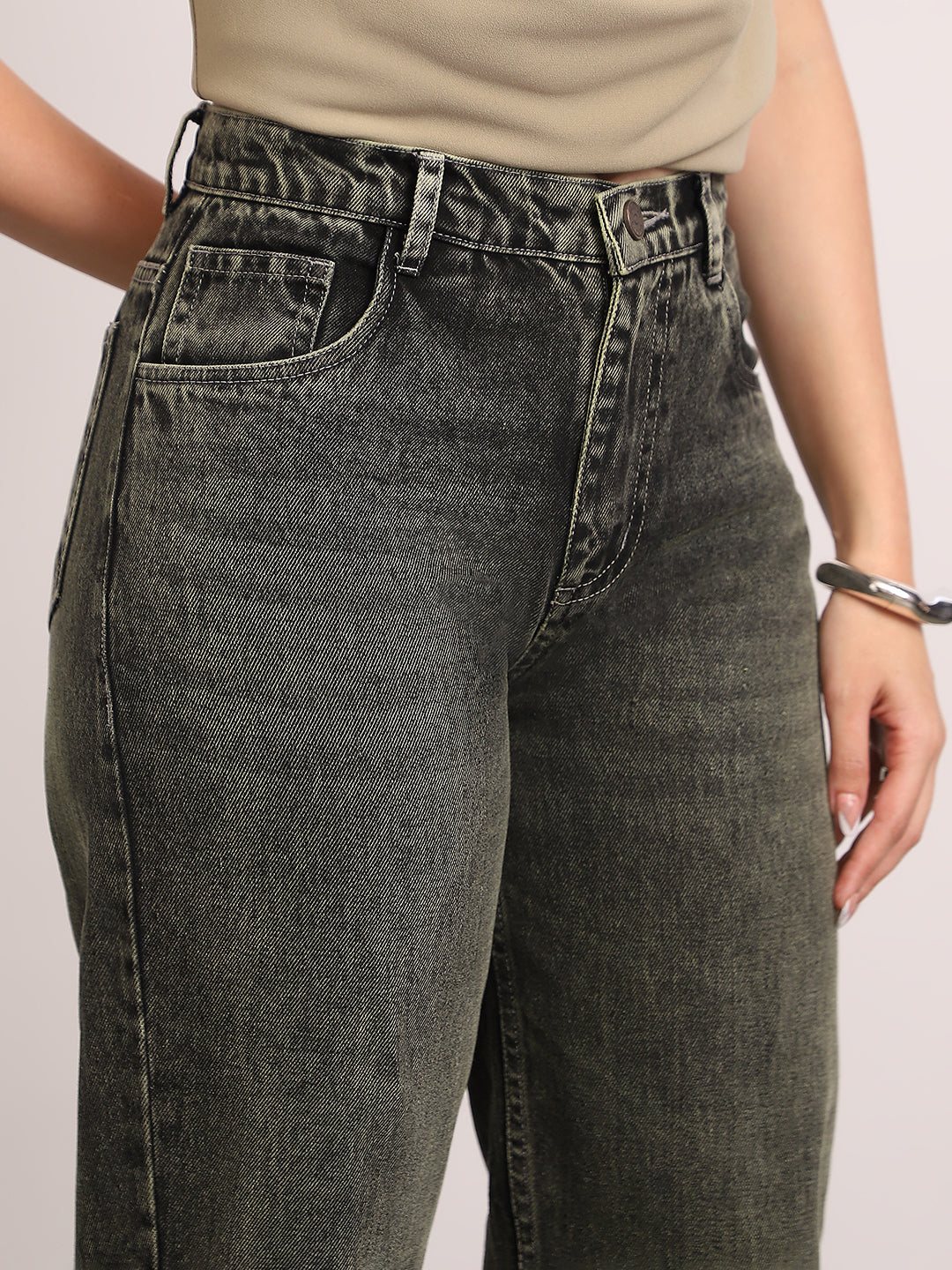 Women's Grey High Rise Straight Fit Washed Jeans Non-Stretchable