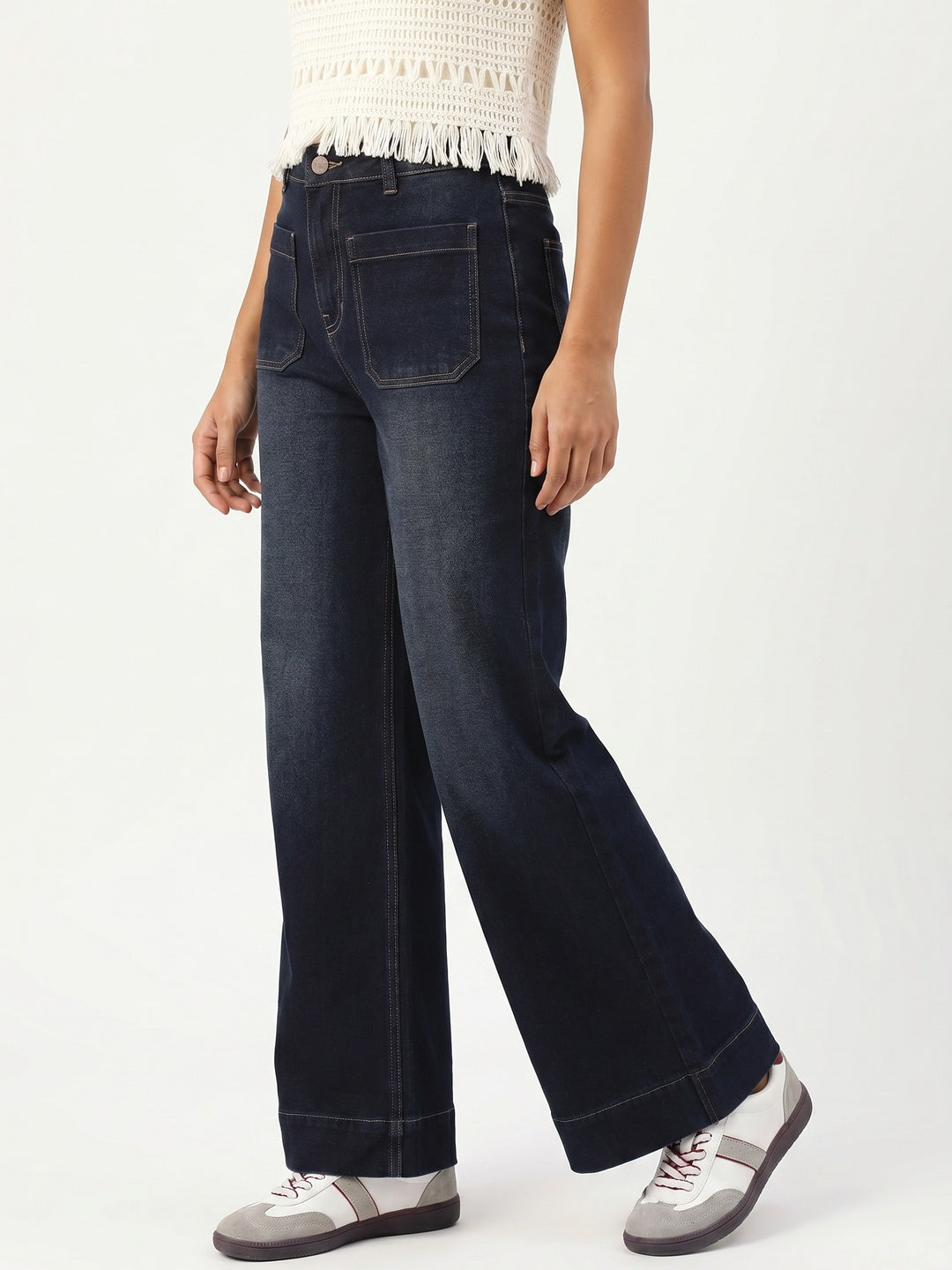 Women's Dark Blue Mid Rise Wide-Leg Washed Jeans Non-Stretchable