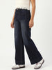Women's Dark Blue Mid Rise Wide-Leg Washed Jeans Non-Stretchable