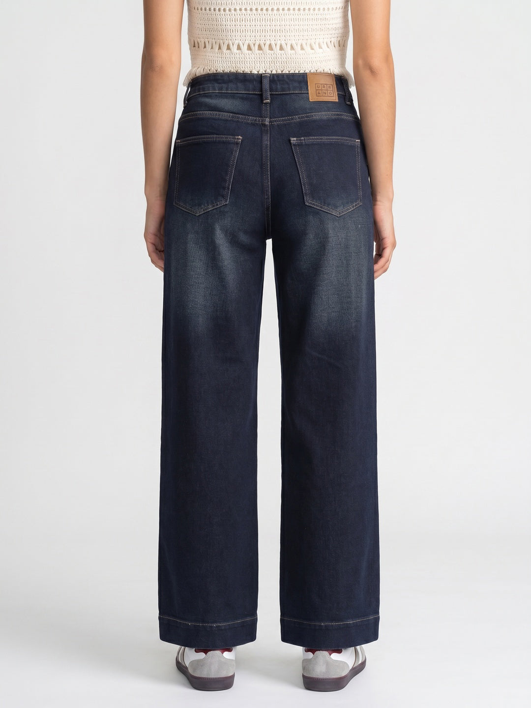 Women's Dark Blue Mid Rise Wide-Leg Washed Jeans Non-Stretchable