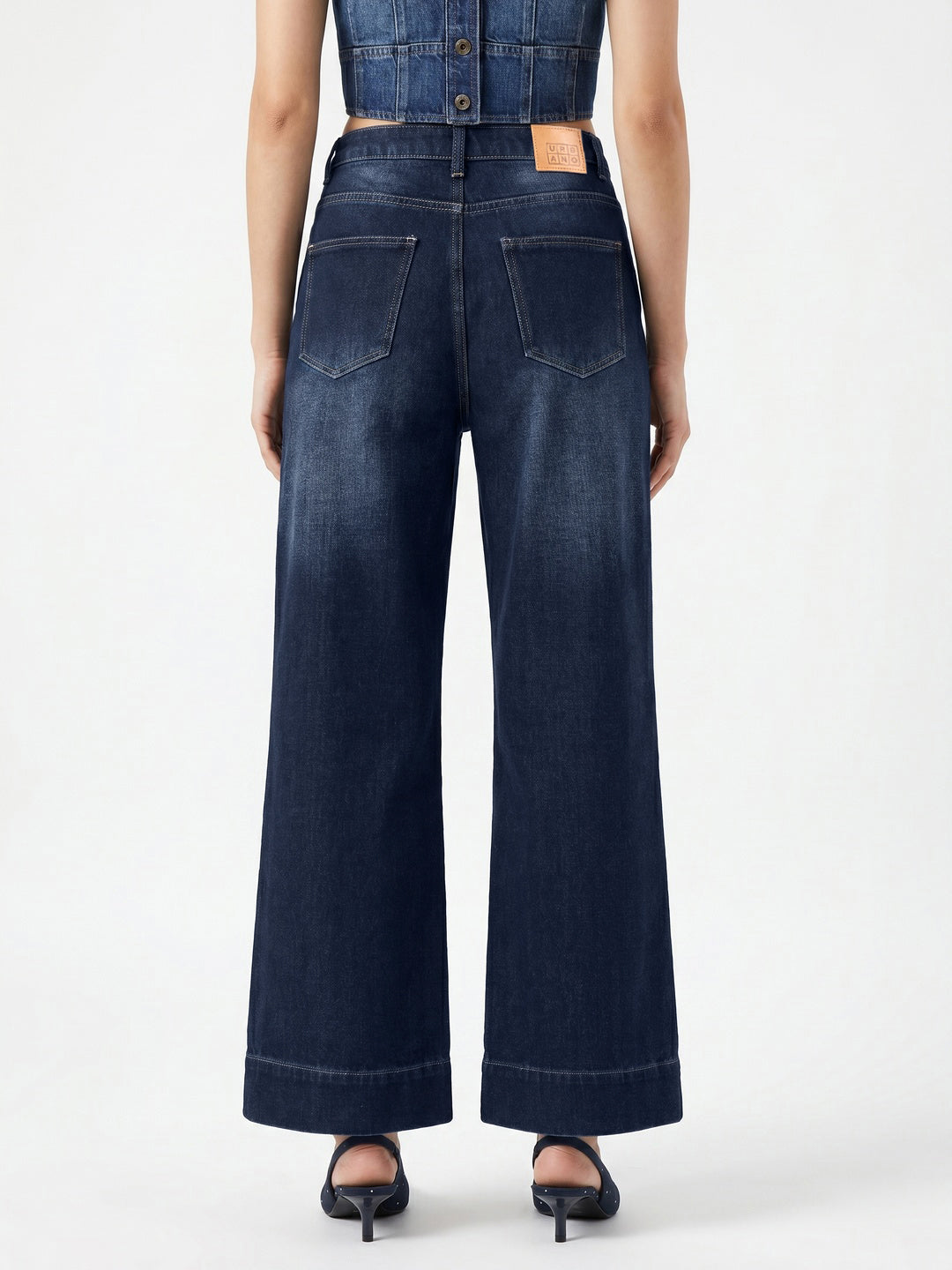 Women's Blue Mid Rise Wide-Leg Washed Jeans Non-Stretchable