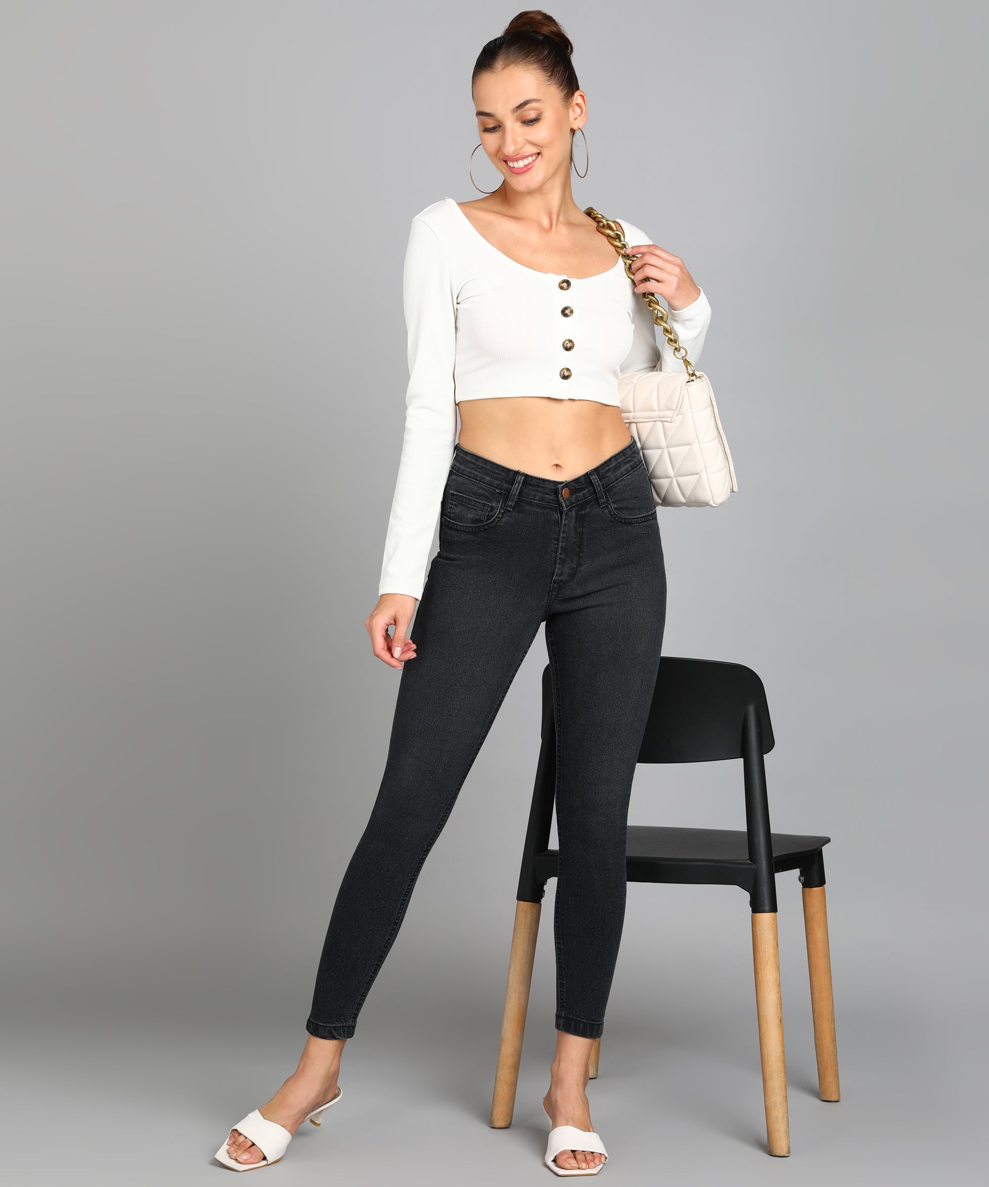 Women's Dark Grey Skinny Fit Washed Jeans