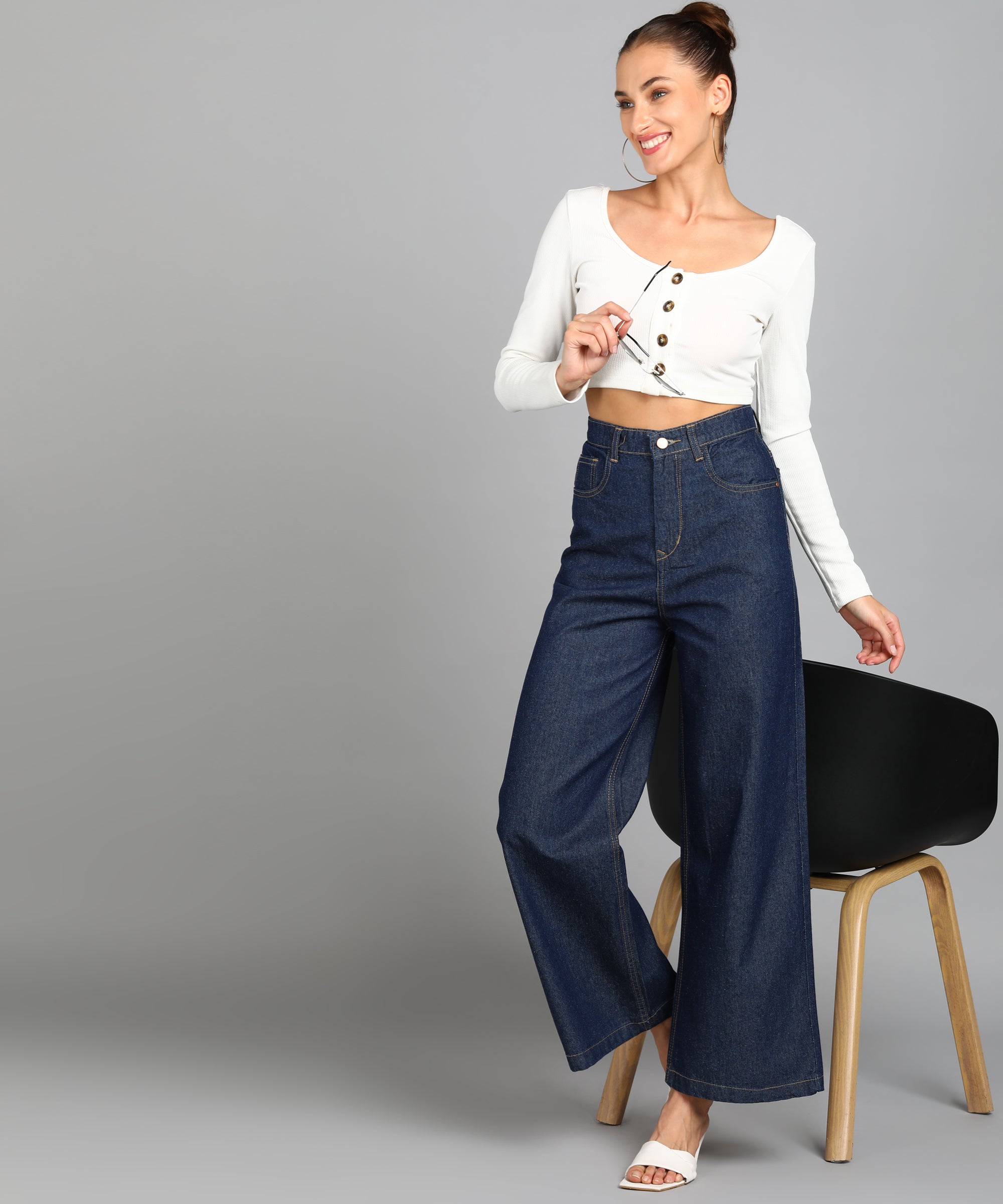 Women's Dark Blue Regular Fit Wide Leg Washed Jeans