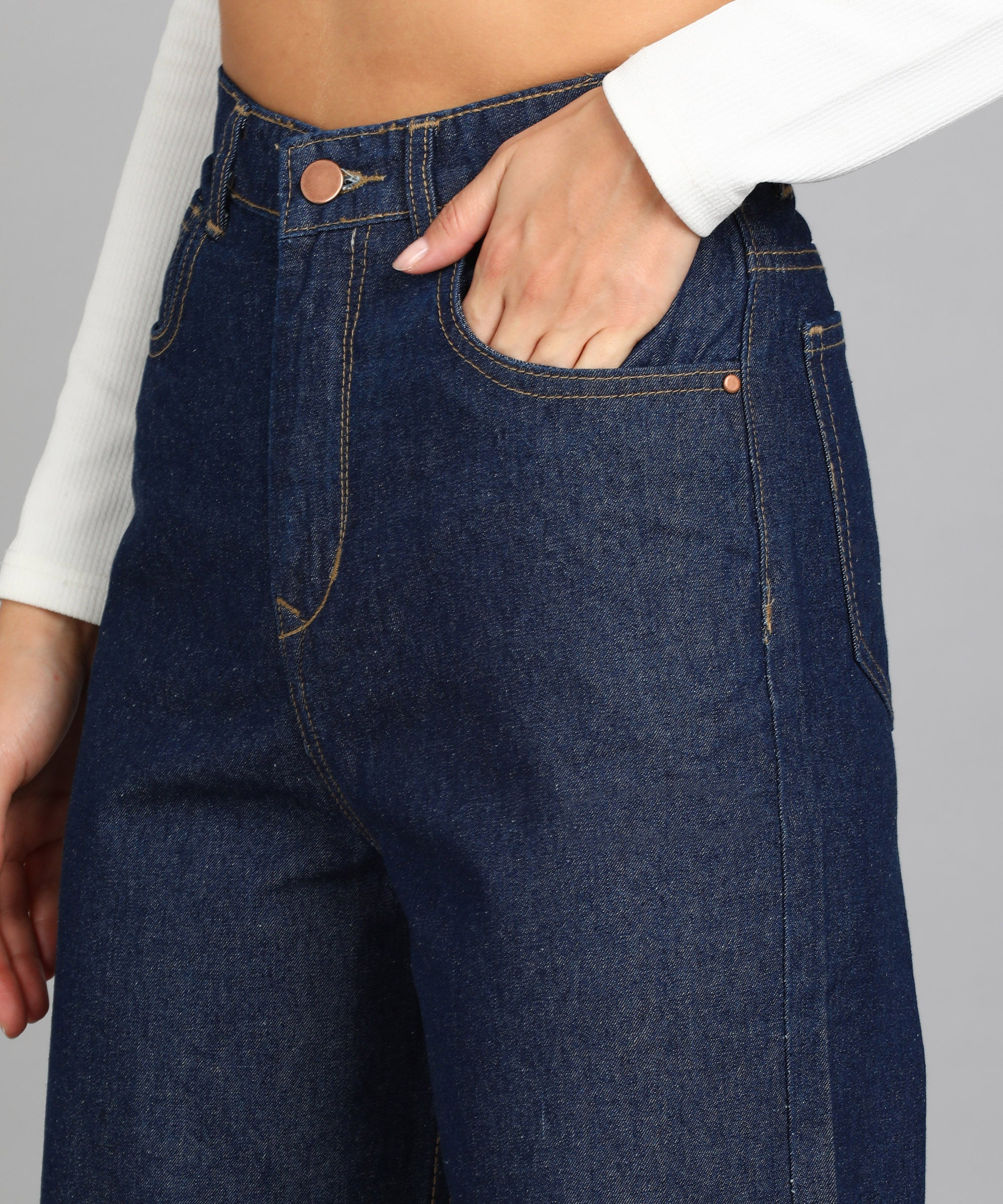 Women's Dark Blue Regular Fit Wide Leg Washed Jeans