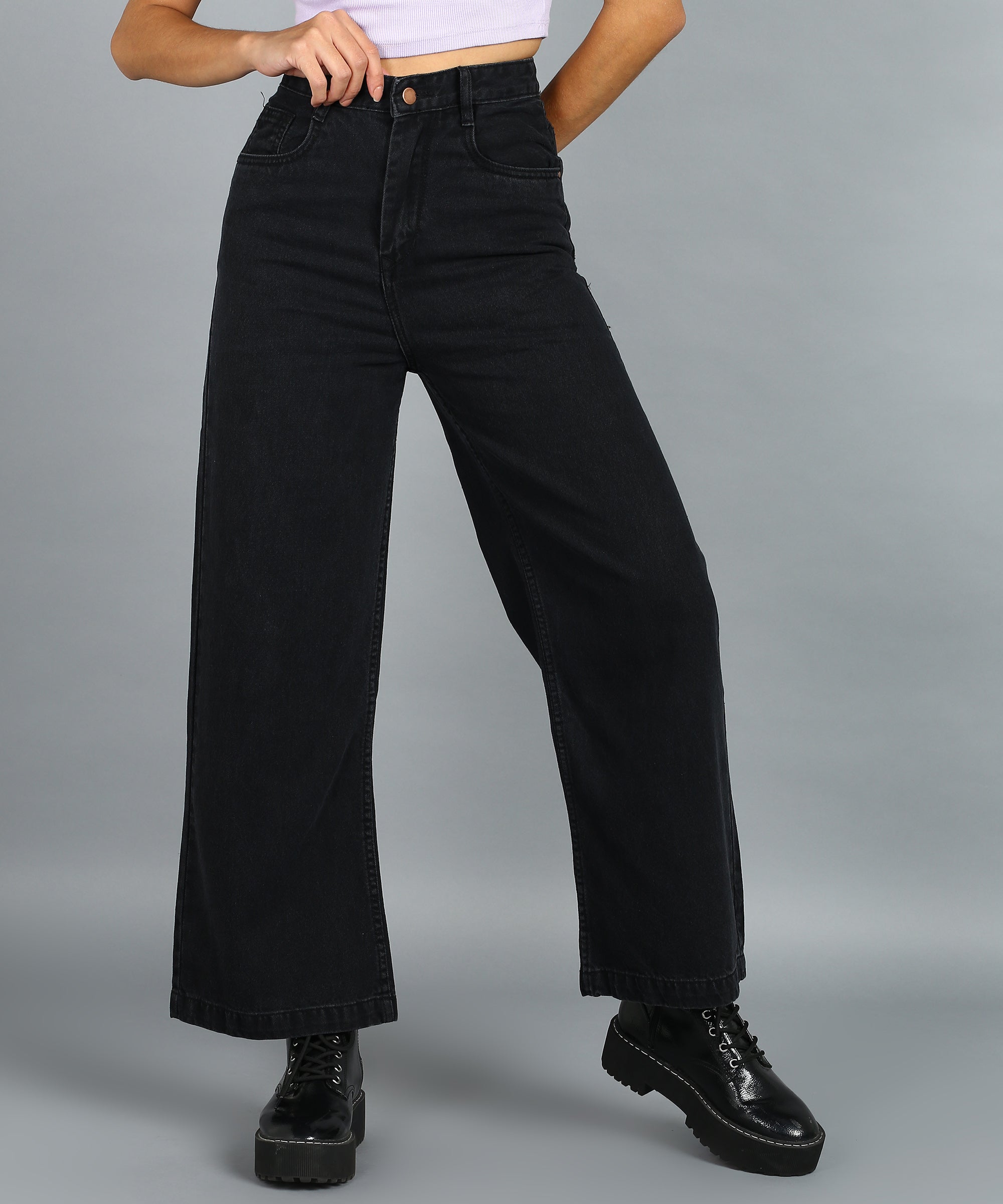 Urbano Fashion Women's Dark Grey Regular Fit Wide Leg Washed Jeans
