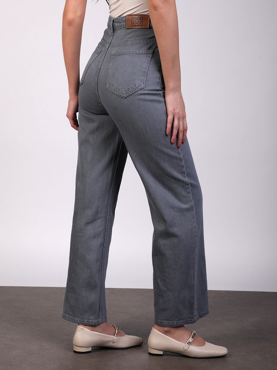 Women's Light Grey Wide Leg Fit Washed Jeans