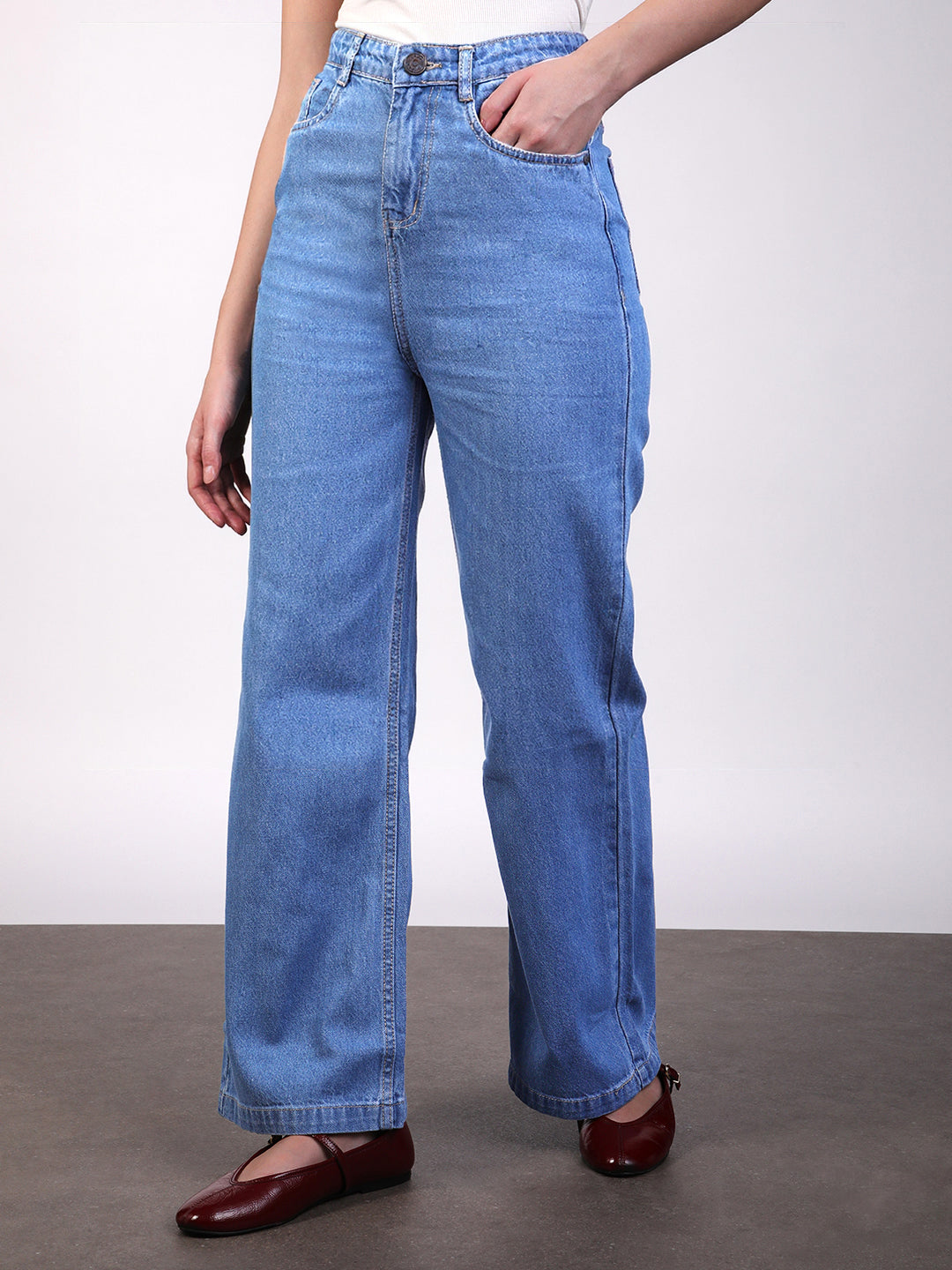 Women's Ice Blue Wide Leg Fit Washed Jeans