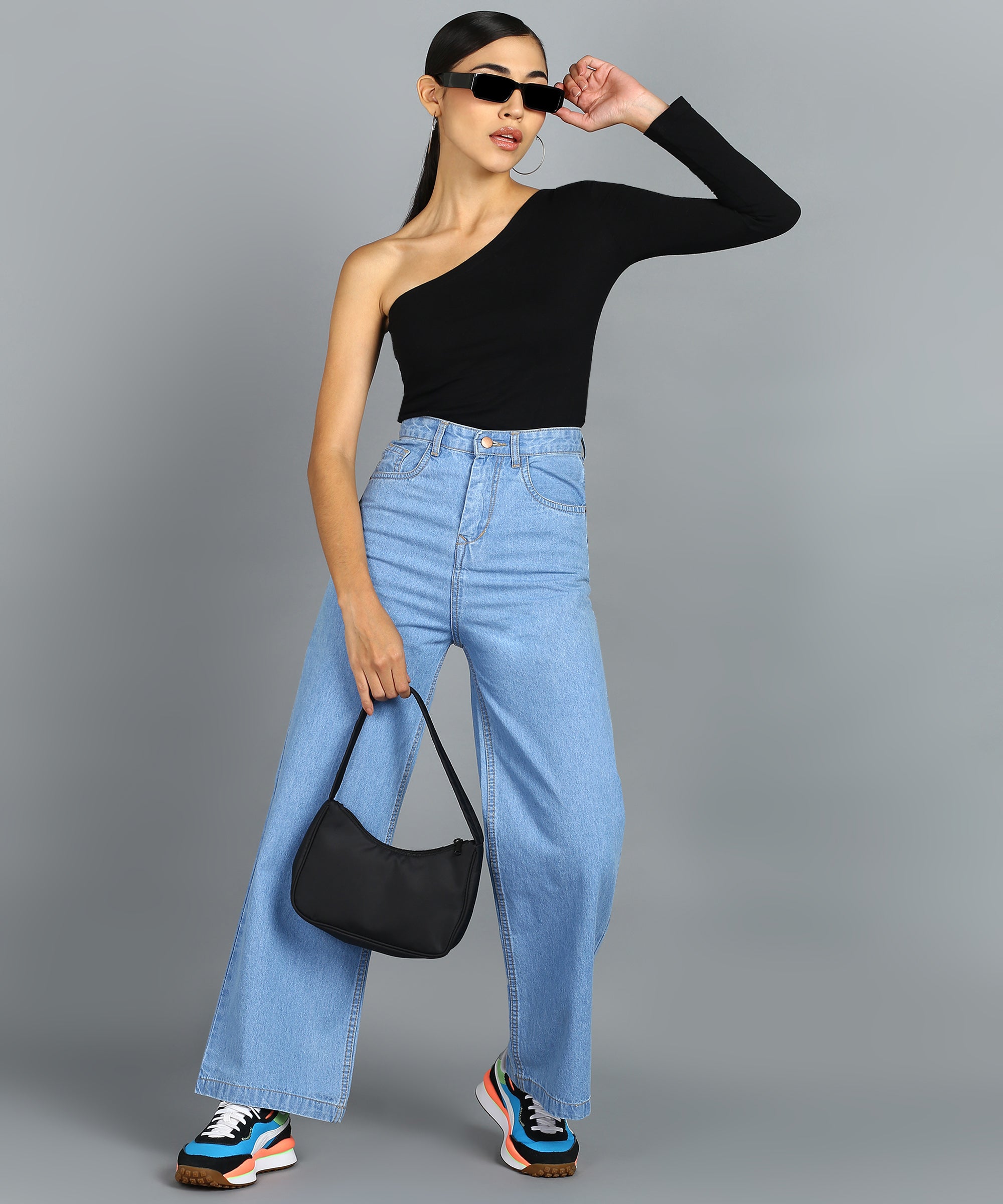 Women's Ice Blue Regular Fit Wide Leg Washed Jeans