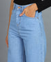 Women's Ice Blue Regular Fit Wide Leg Washed Jeans