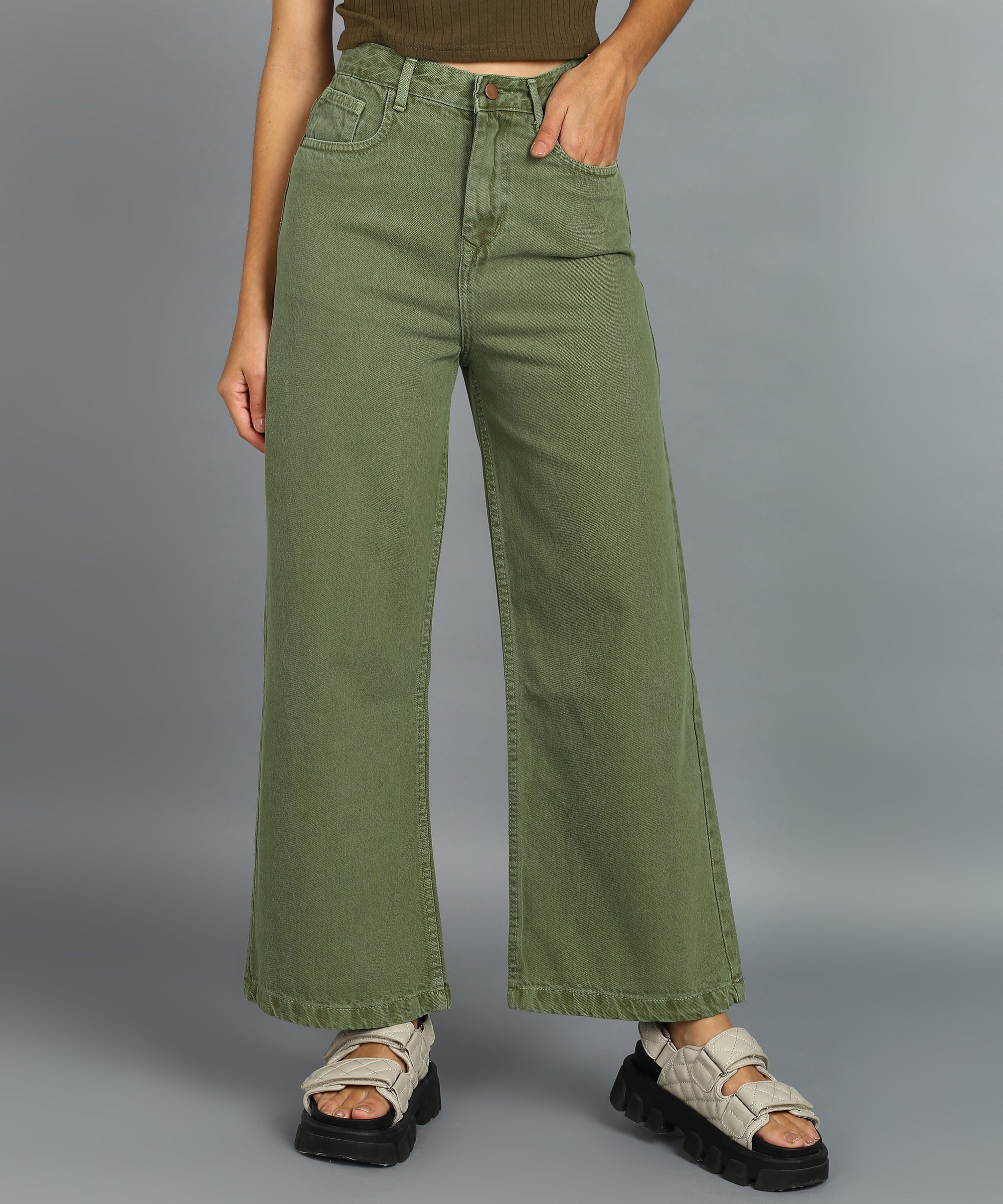 Women's Olive Green Regular Fit Wide Leg Washed Jeans