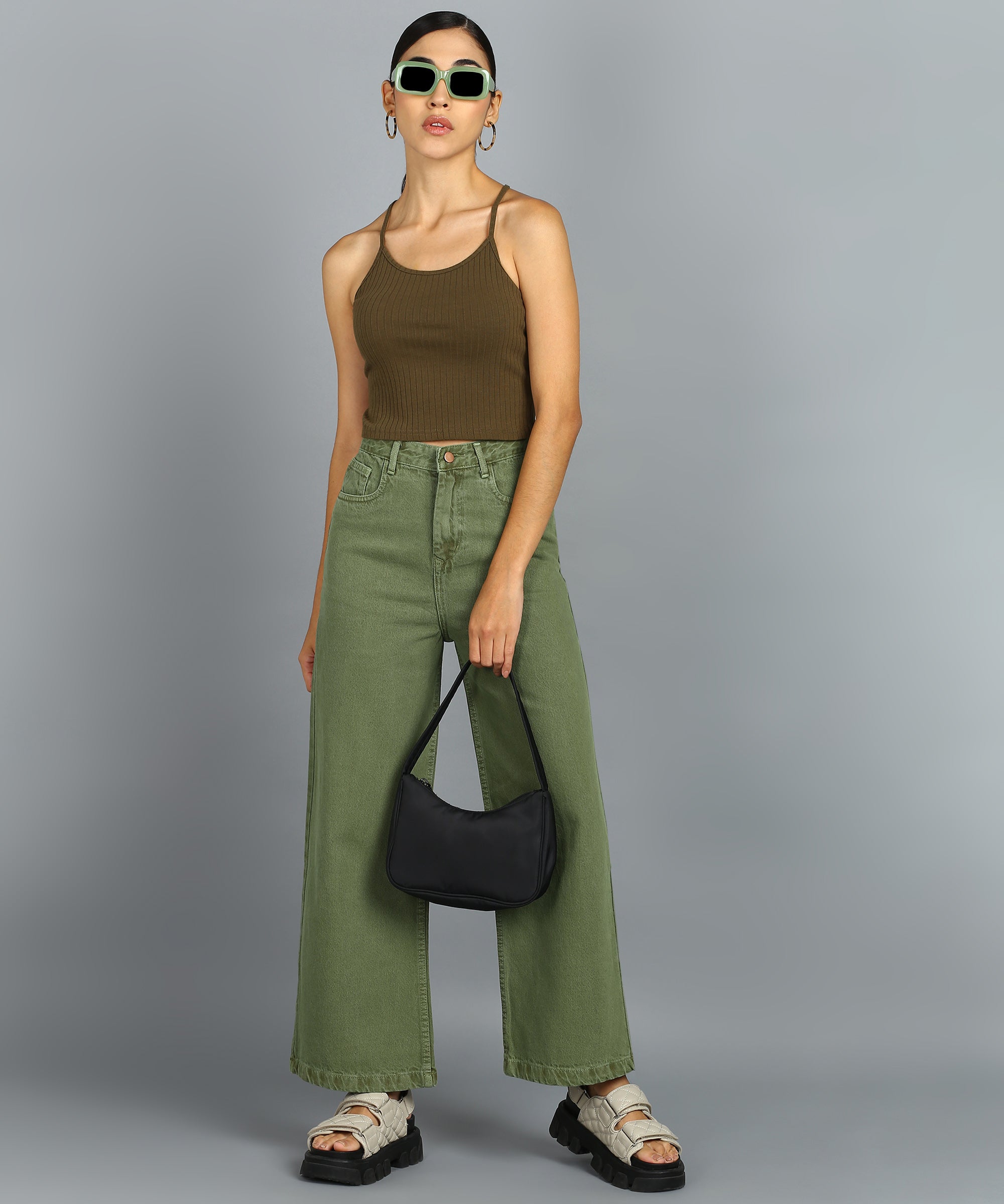 Women's Olive Green Regular Fit Wide Leg Washed Jeans