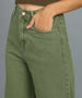 Women's Olive Green Regular Fit Wide Leg Washed Jeans