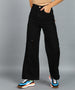 Urbano Fashion Women's Black Regular Fit Wide Leg Mild Distressed/Knee Slit Washed Jeans