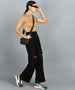 Urbano Fashion Women's Black Regular Fit Wide Leg Mild Distressed/Knee Slit Washed Jeans