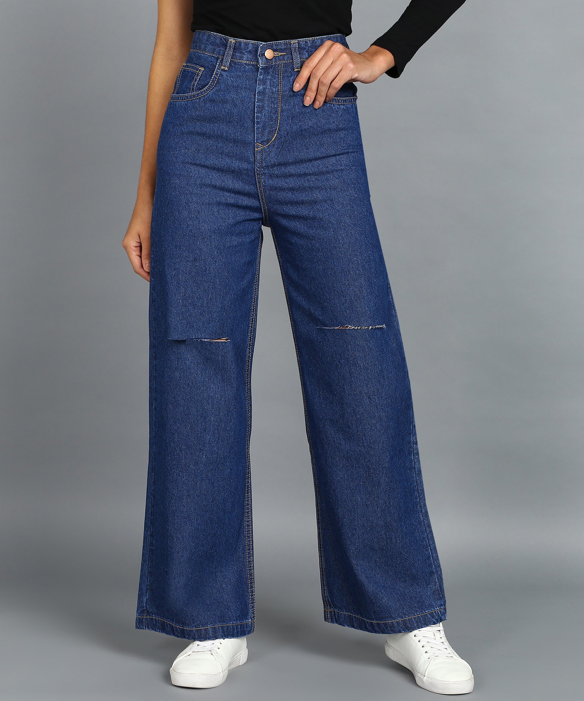 Urbano Fashion Women's Blue Regular Fit Wide Leg Mild Distressed/Knee Slit Washed Jeans