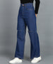 Urbano Fashion Women's Blue Regular Fit Wide Leg Mild Distressed/Knee Slit Washed Jeans